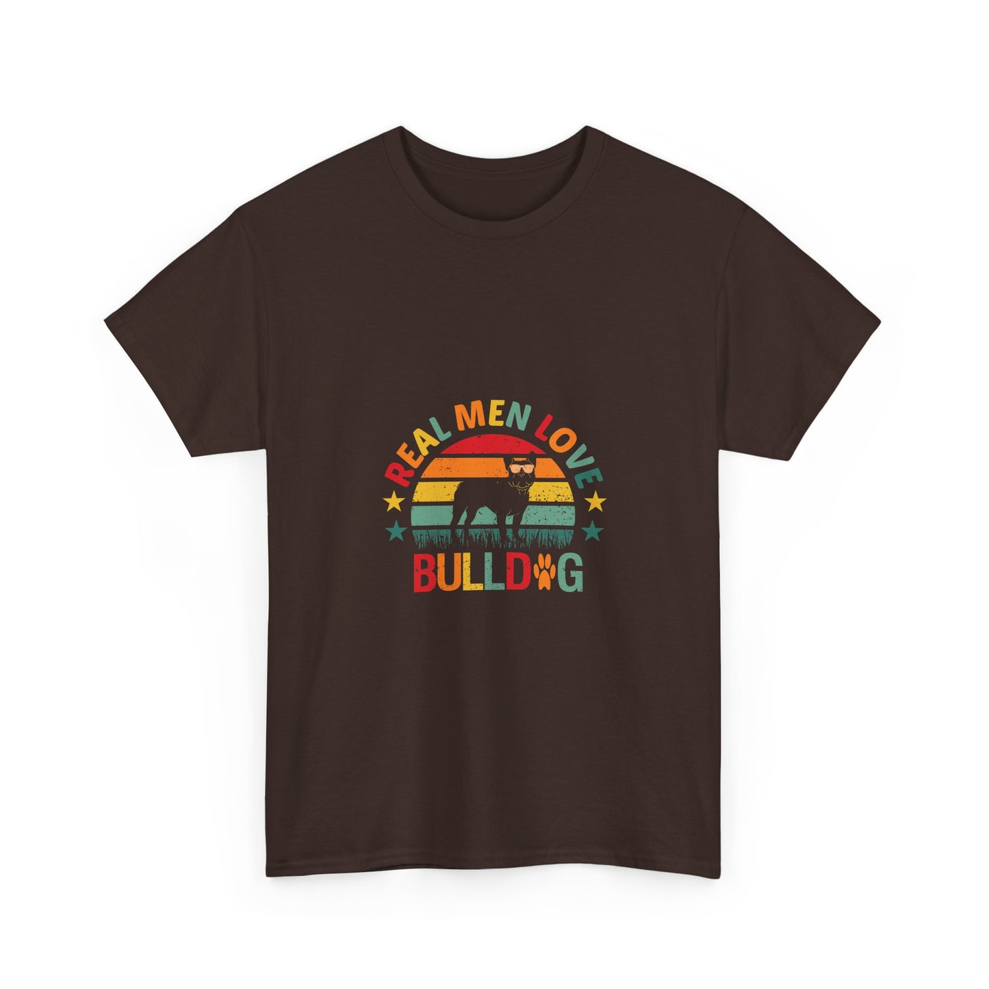 Bulldog T-Shirt — "Real Men Love Bulldog" Retro Rainbow Graphic Tee