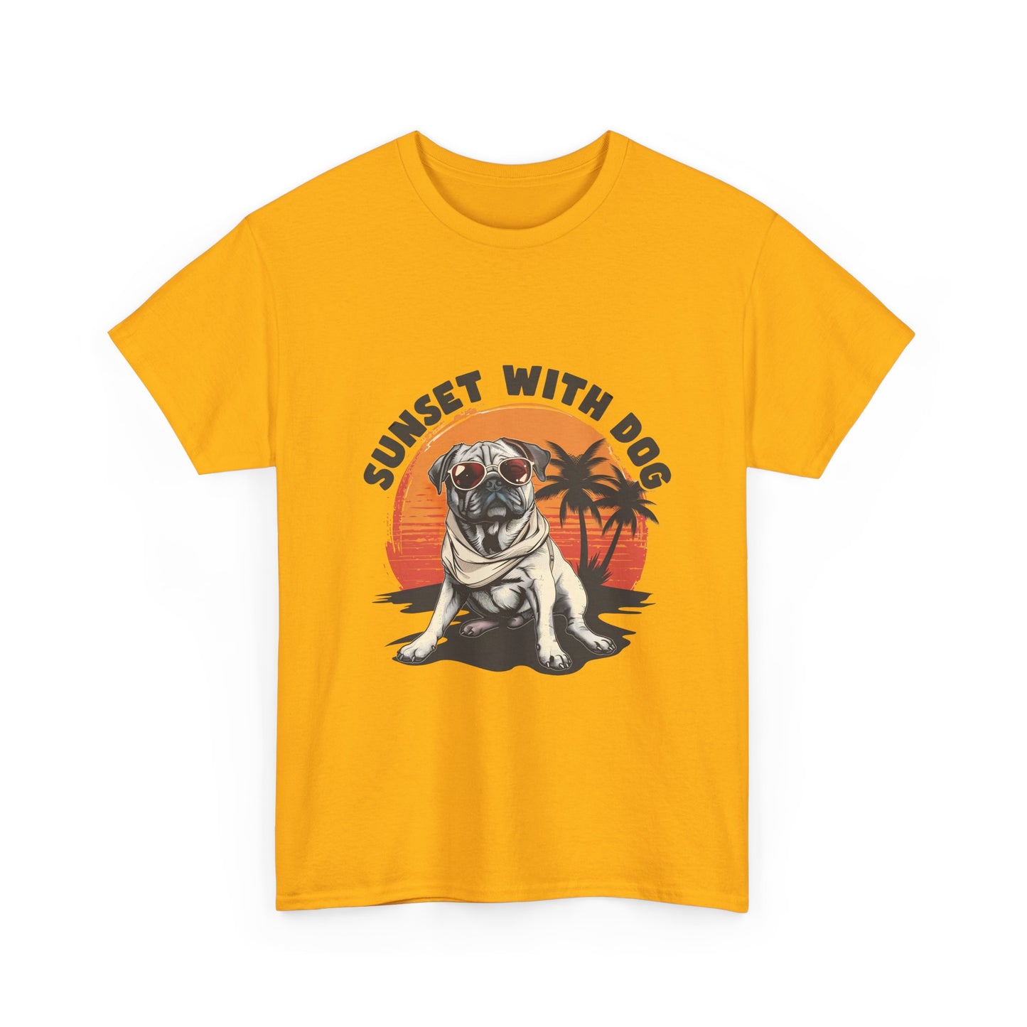 Sunset With Dog T-Shirt – Retro Beach Pug Tee