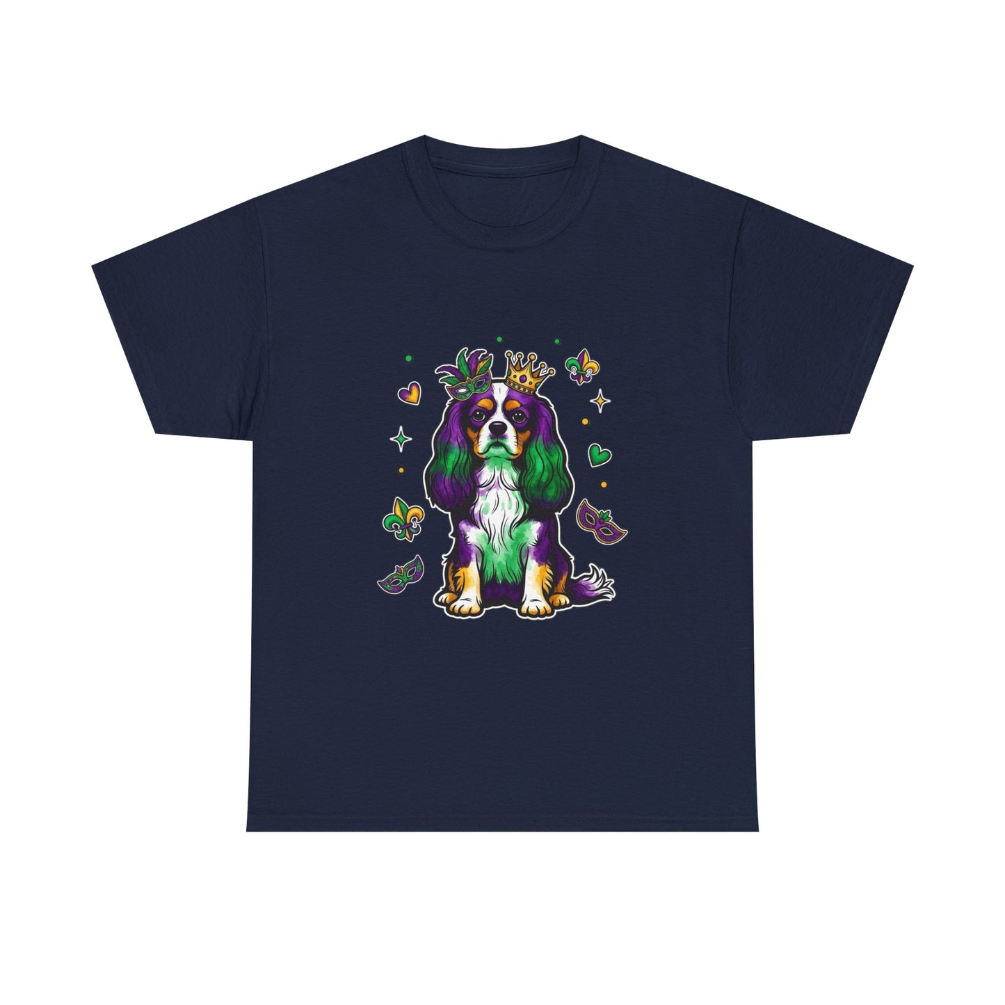 Mardi Gras Cavalier King Charles Dog T‑Shirt — King & Mask Festival Tee
