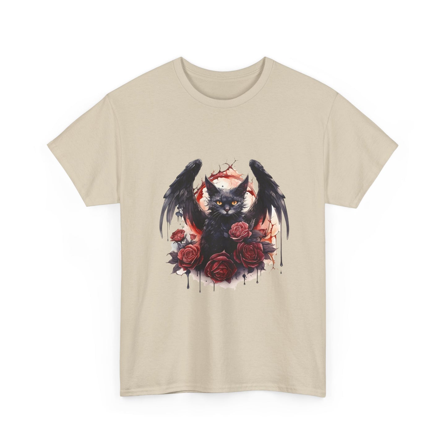 Cat Demon Tee — Gothic Bat-Wing Cat with Roses Graphic Shirt