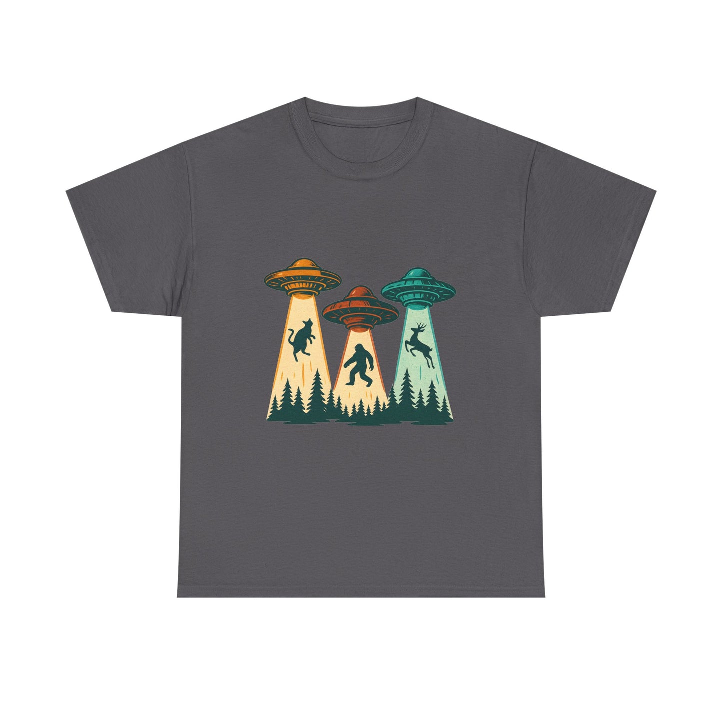 Alien Abduction UFO Tee — Retro Forest Beams T‑Shirt