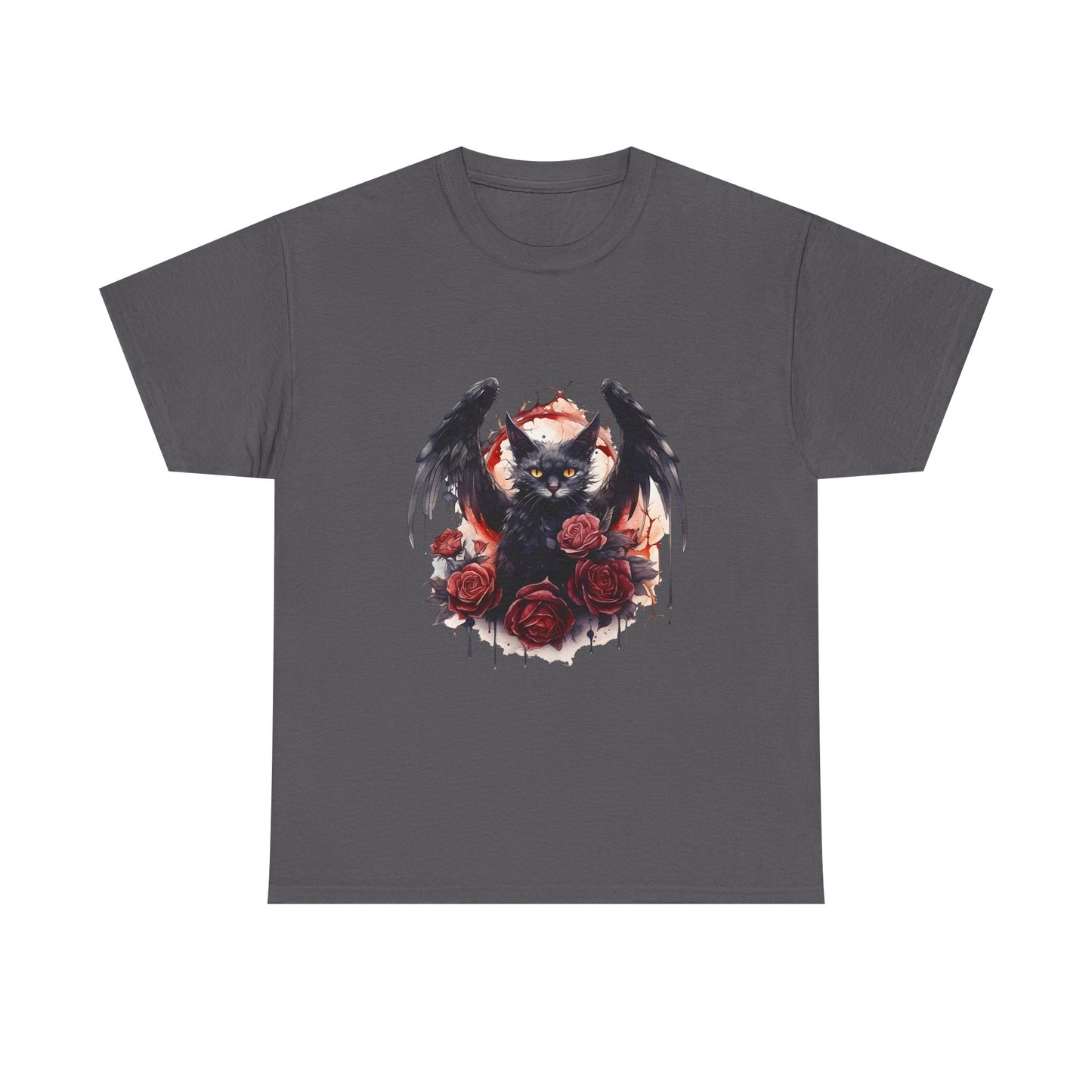 Cat Demon Tee — Gothic Bat-Wing Cat with Roses Graphic Shirt