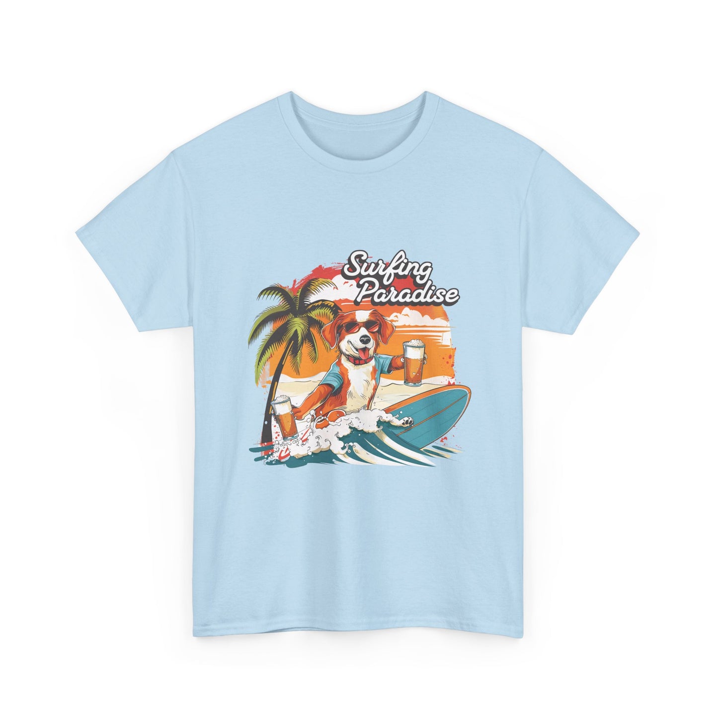 Surfing Paradise Dog T-Shirt – Retro Palm Beach Surf Tee