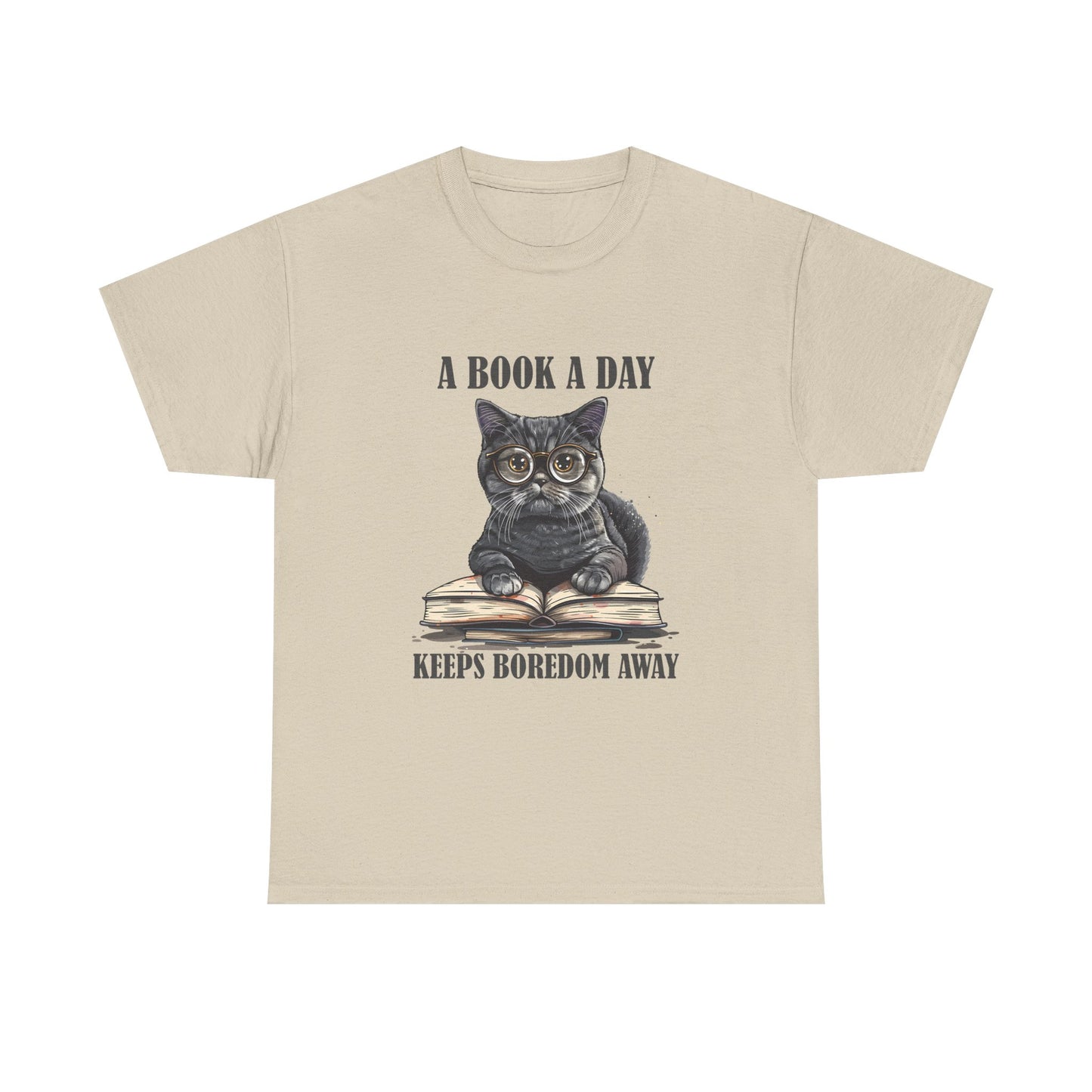 T-Shirt — "A Book a Day Keeps Boredom Away" Cat Reading Graphic Tee