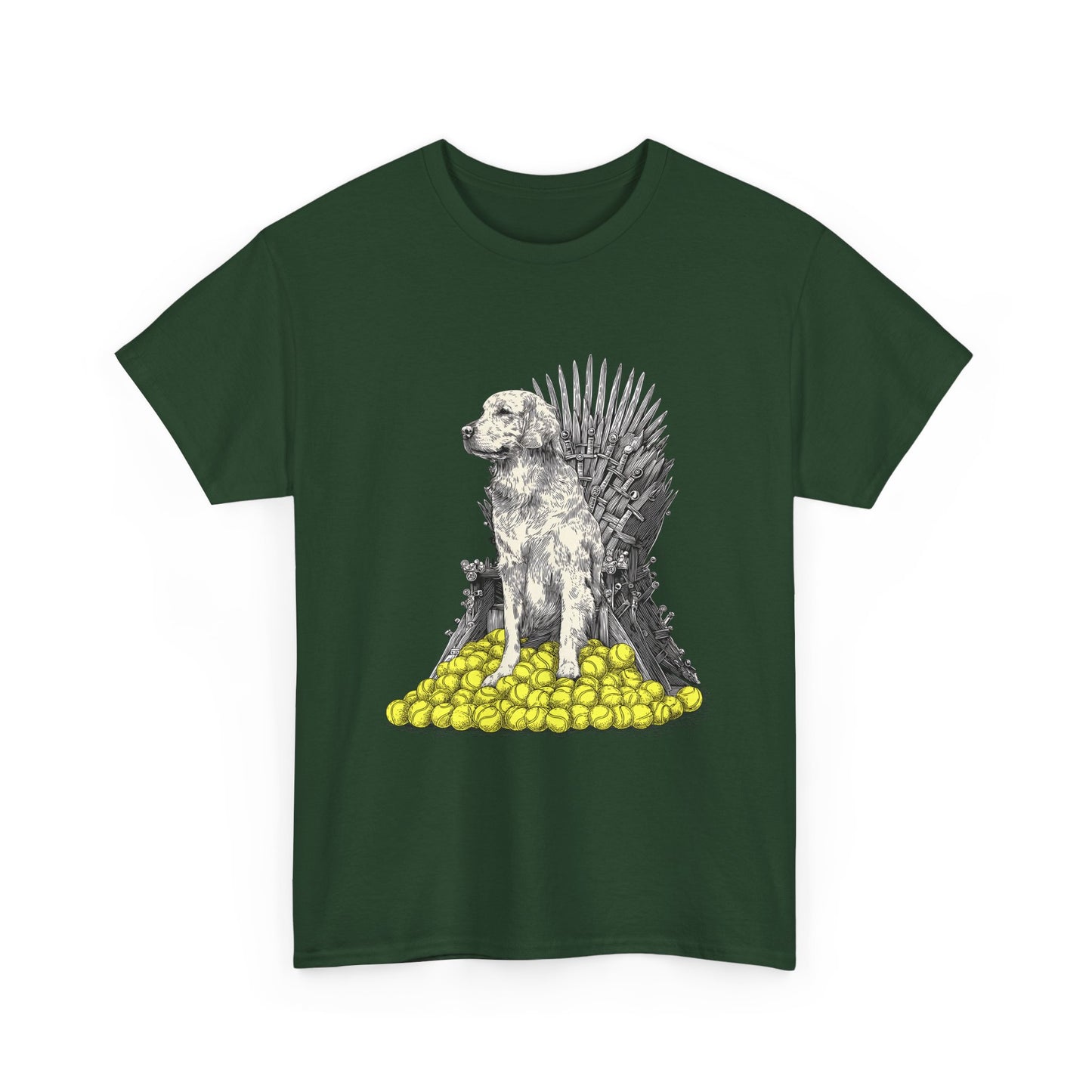 Dog Throne T‑Shirt — Dog on Iron Throne of Tennis Balls Graphic Tee