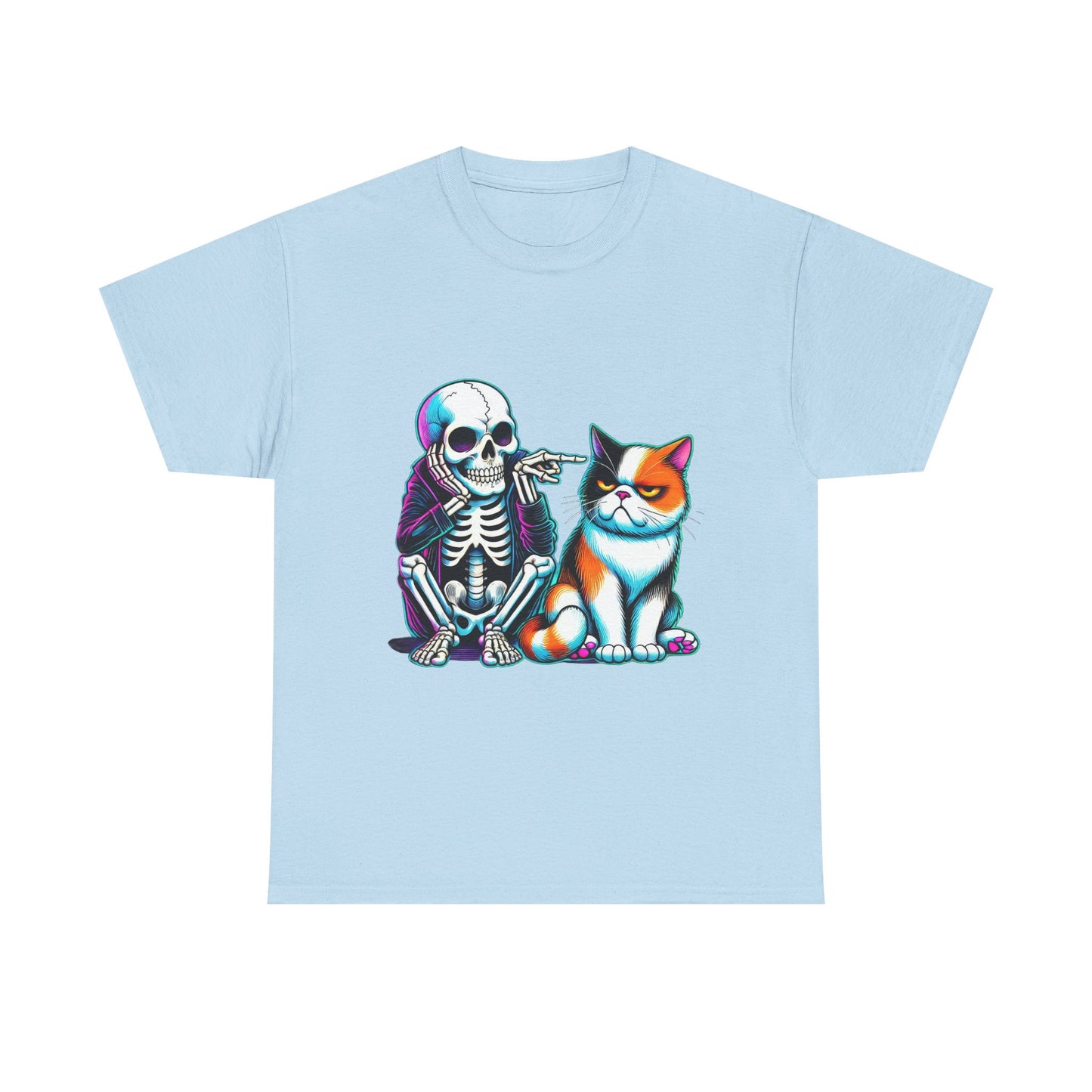 Skeleton & Cat Graphic Tee — Retro Neon Spooky Cat Shirt