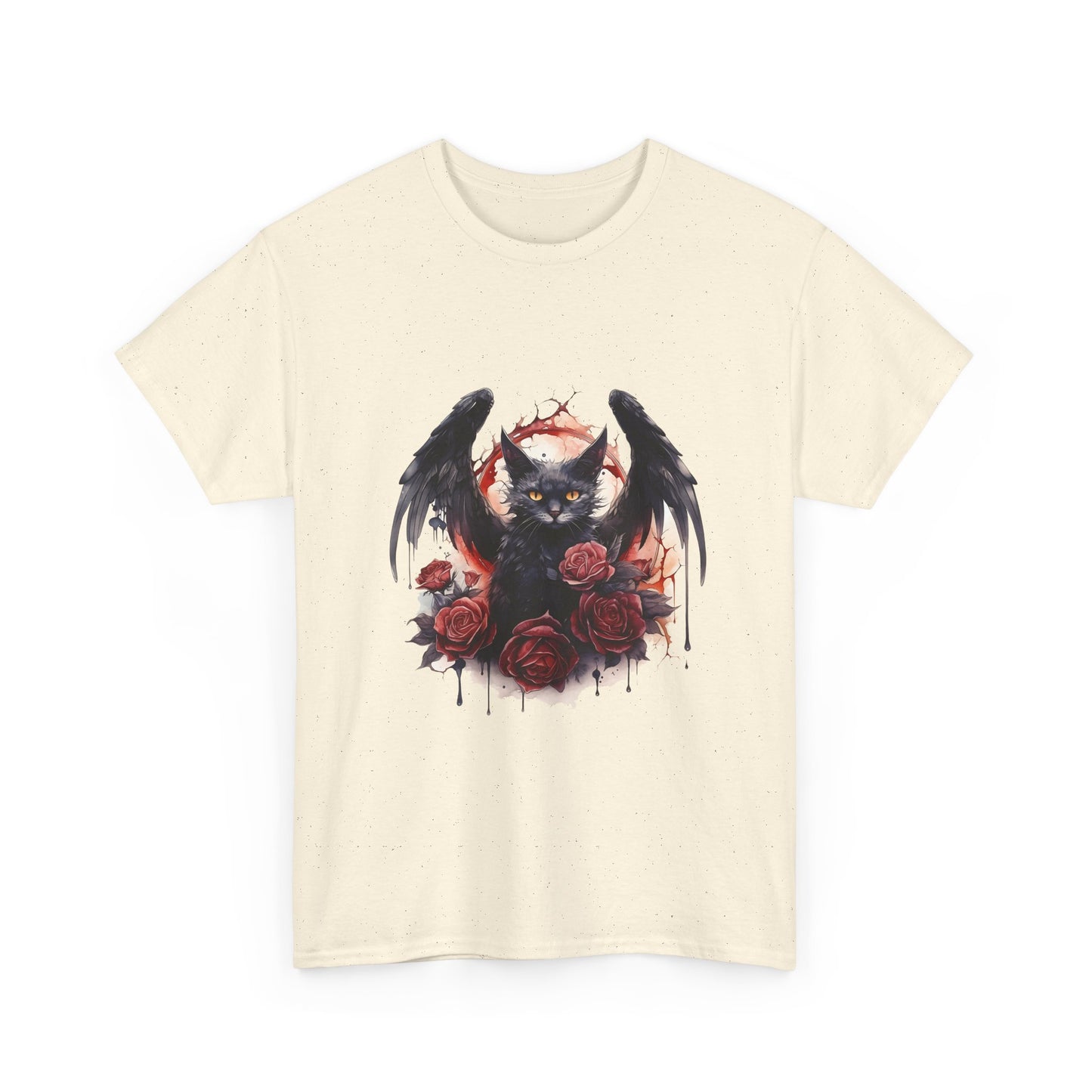 Cat Demon Tee — Gothic Bat-Wing Cat with Roses Graphic Shirt