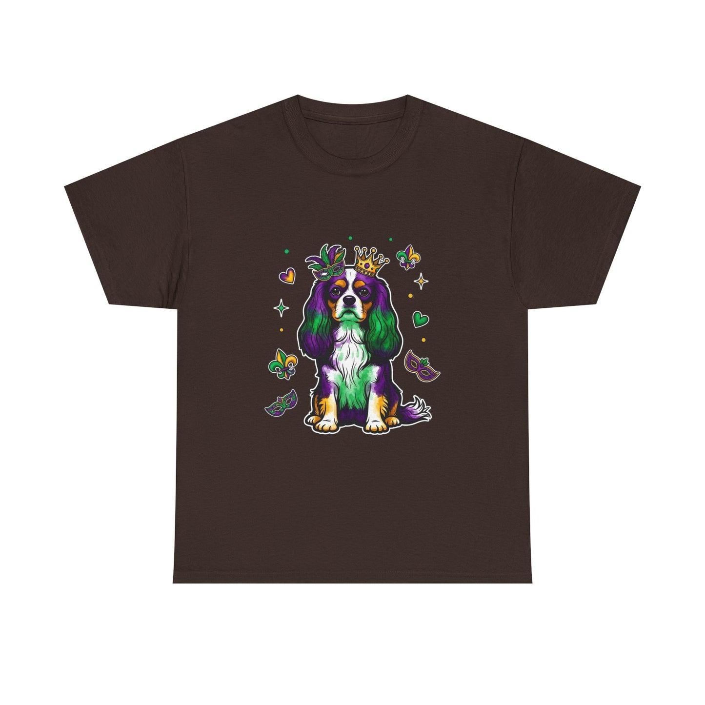 Mardi Gras Cavalier King Charles Dog T‑Shirt — King & Mask Festival Tee