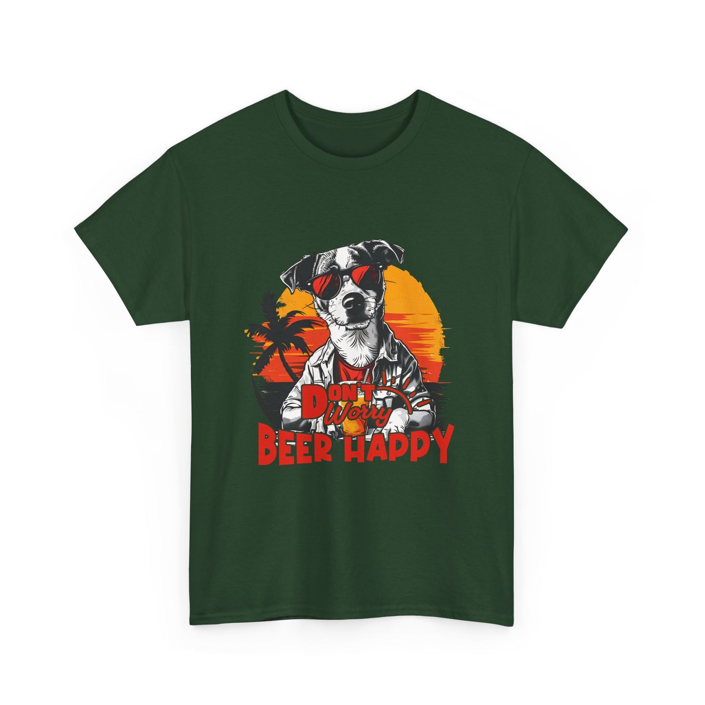 Dog With Beer T-Shirt - "Don't Worry Beer Happy" Retro Sunset Tee