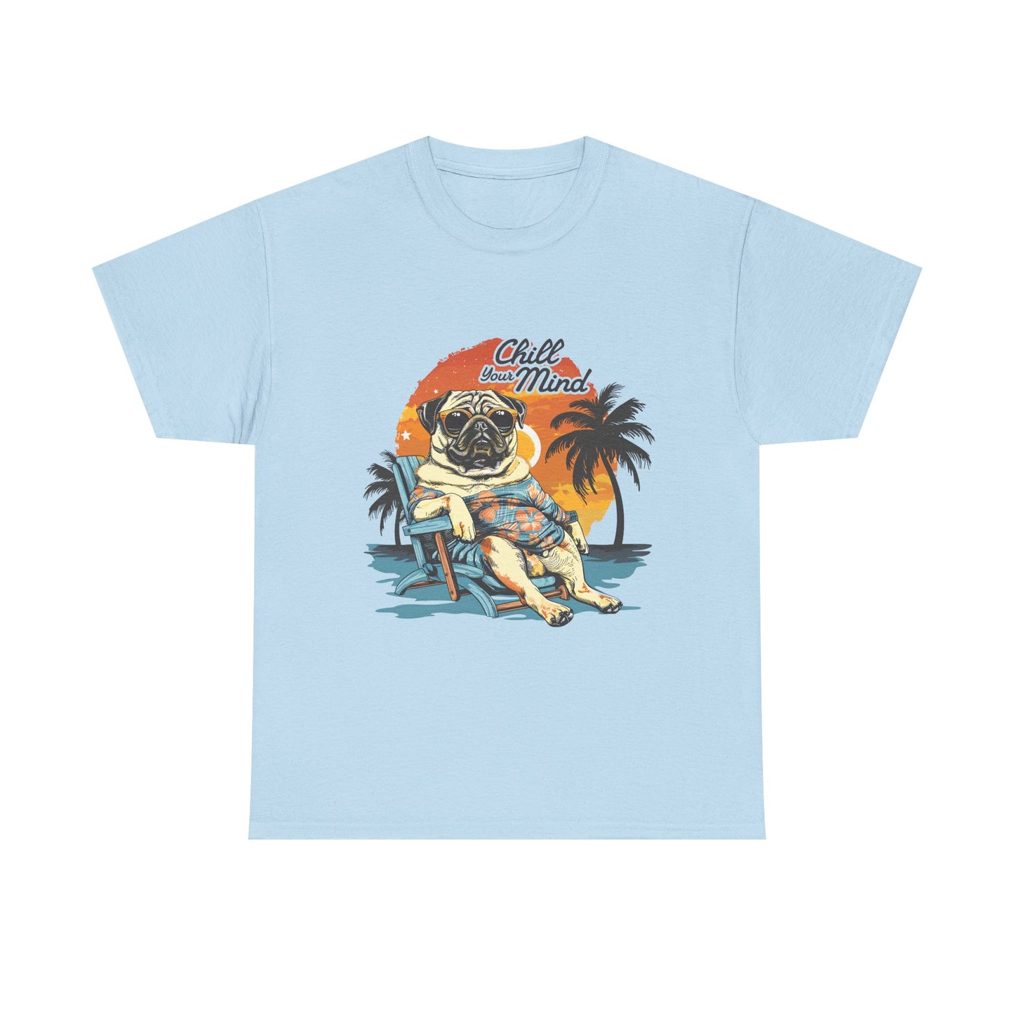 Pug “Chill Your Mind” Beach T-Shirt — Retro Palm Sunset Vacation Tee