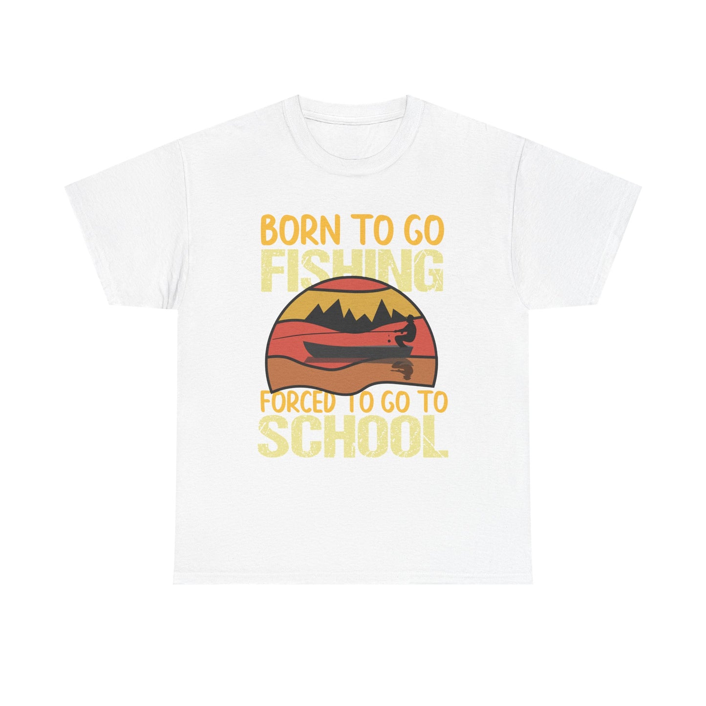 Fishing Graphic Tee - "Born to Go Fishing, Forced to Go to School" Retro Sunset T-Shirt for Kids & Teens
