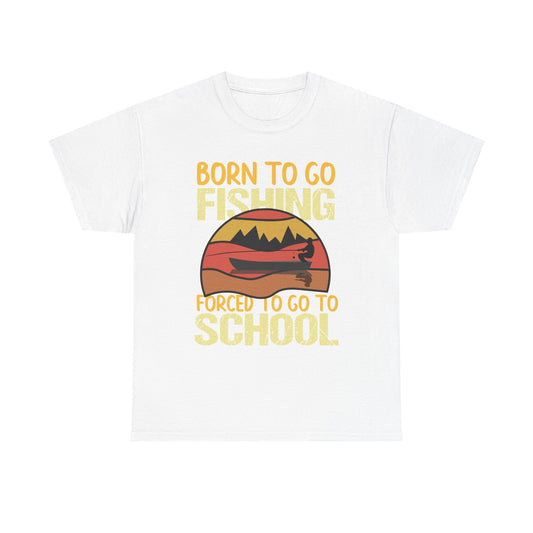 Fishing Graphic Tee - "Born to Go Fishing, Forced to Go to School" Retro Sunset T-Shirt for Kids & Teens