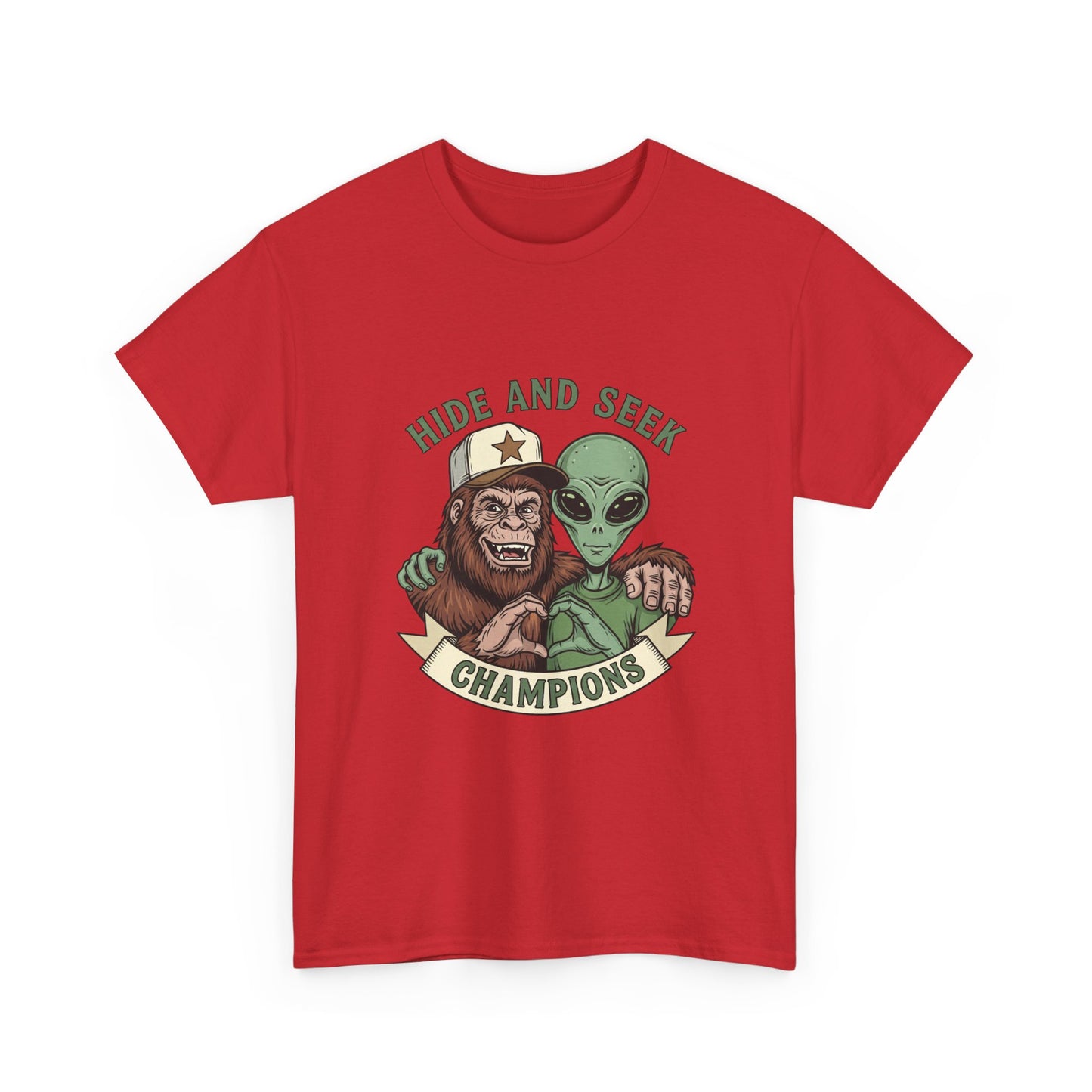 Hide and Seek Champions T-Shirt — Bigfoot & Alien Graphic Tee