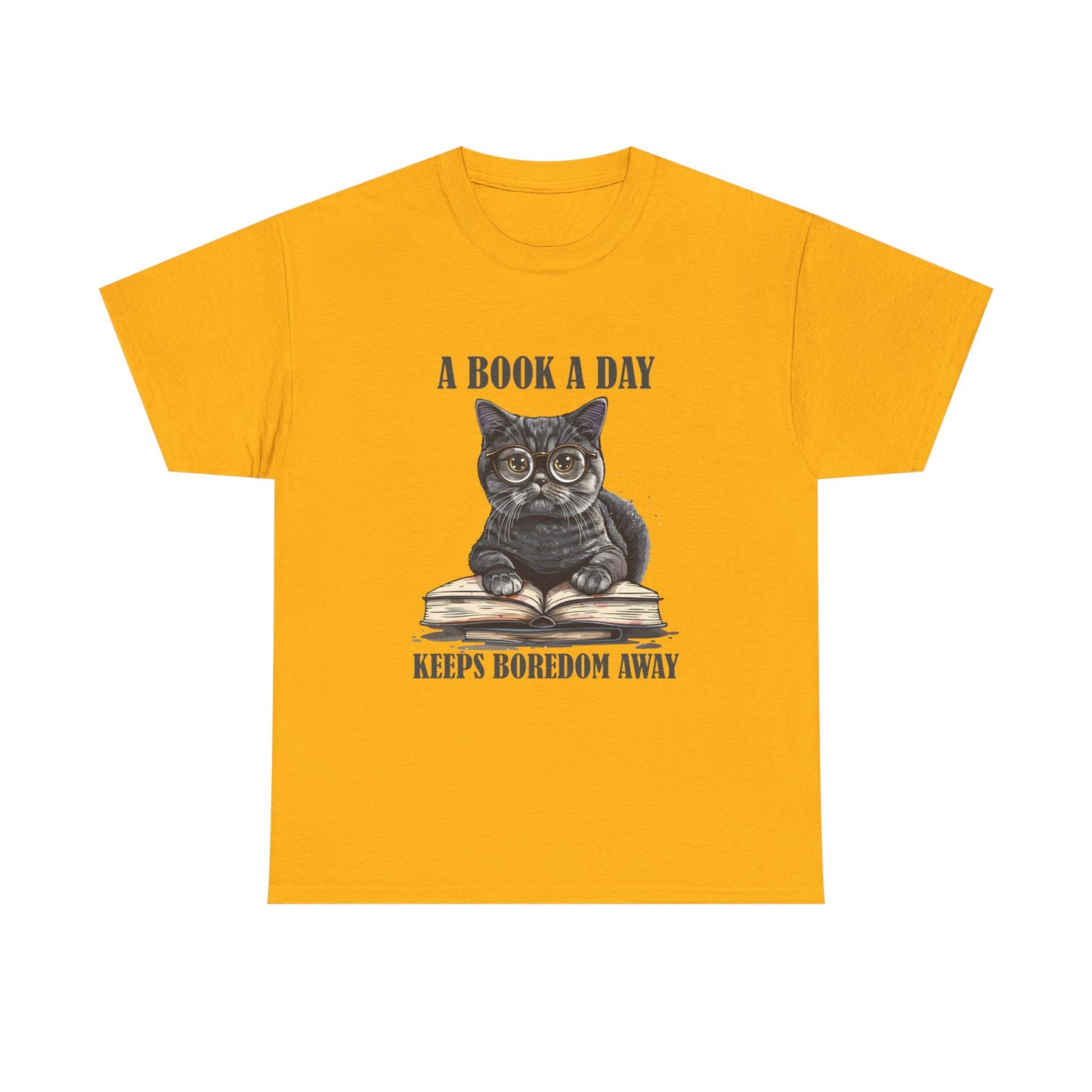 T-Shirt — "A Book a Day Keeps Boredom Away" Cat Reading Graphic Tee