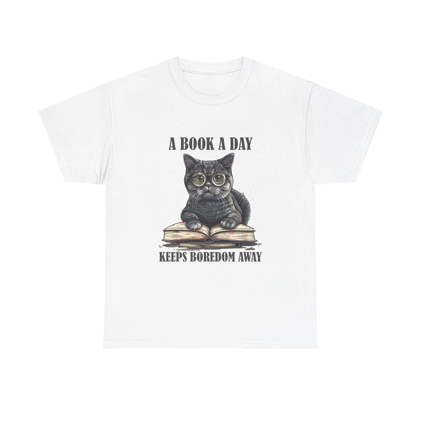T-Shirt — "A Book a Day Keeps Boredom Away" Cat Reading Graphic Tee