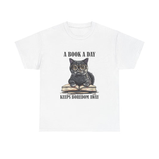 T-Shirt — "A Book a Day Keeps Boredom Away" Cat Reading Graphic Tee