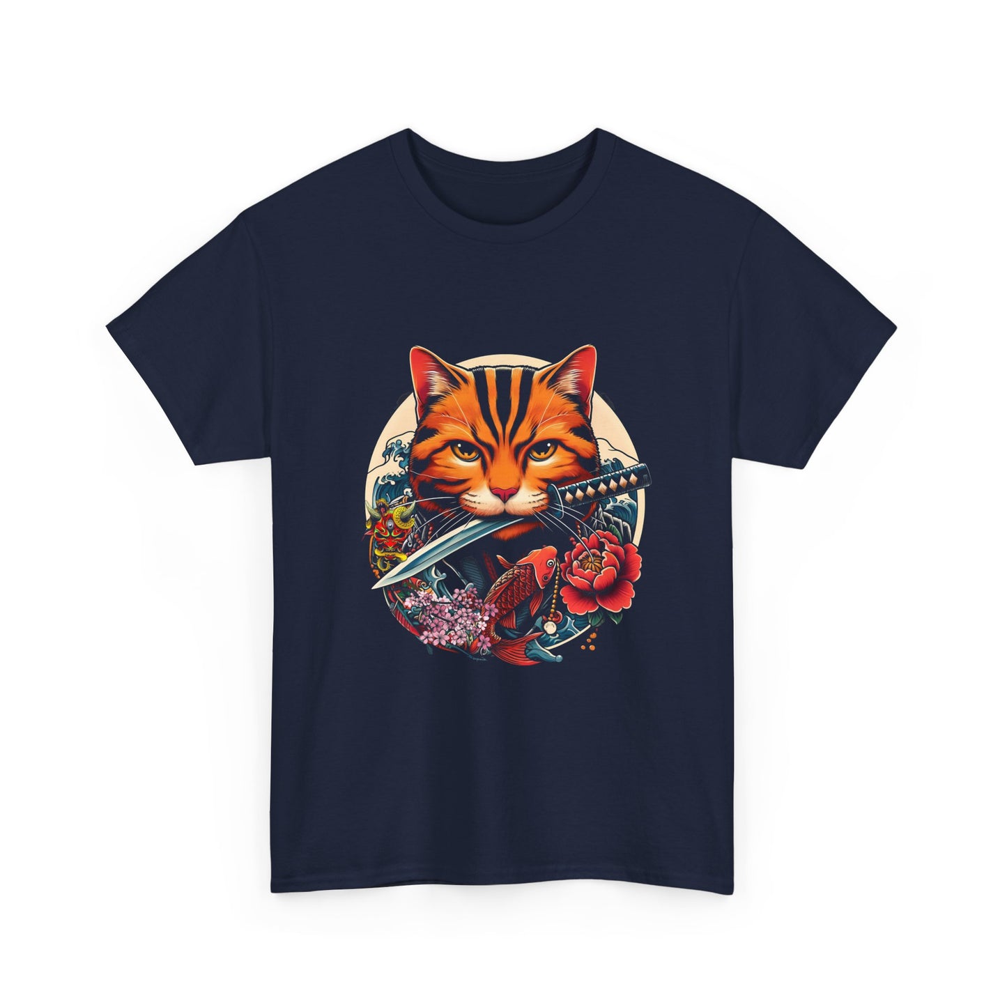 Cat Samurai T‑Shirt — Orange Tabby with Sword & Floral Crest