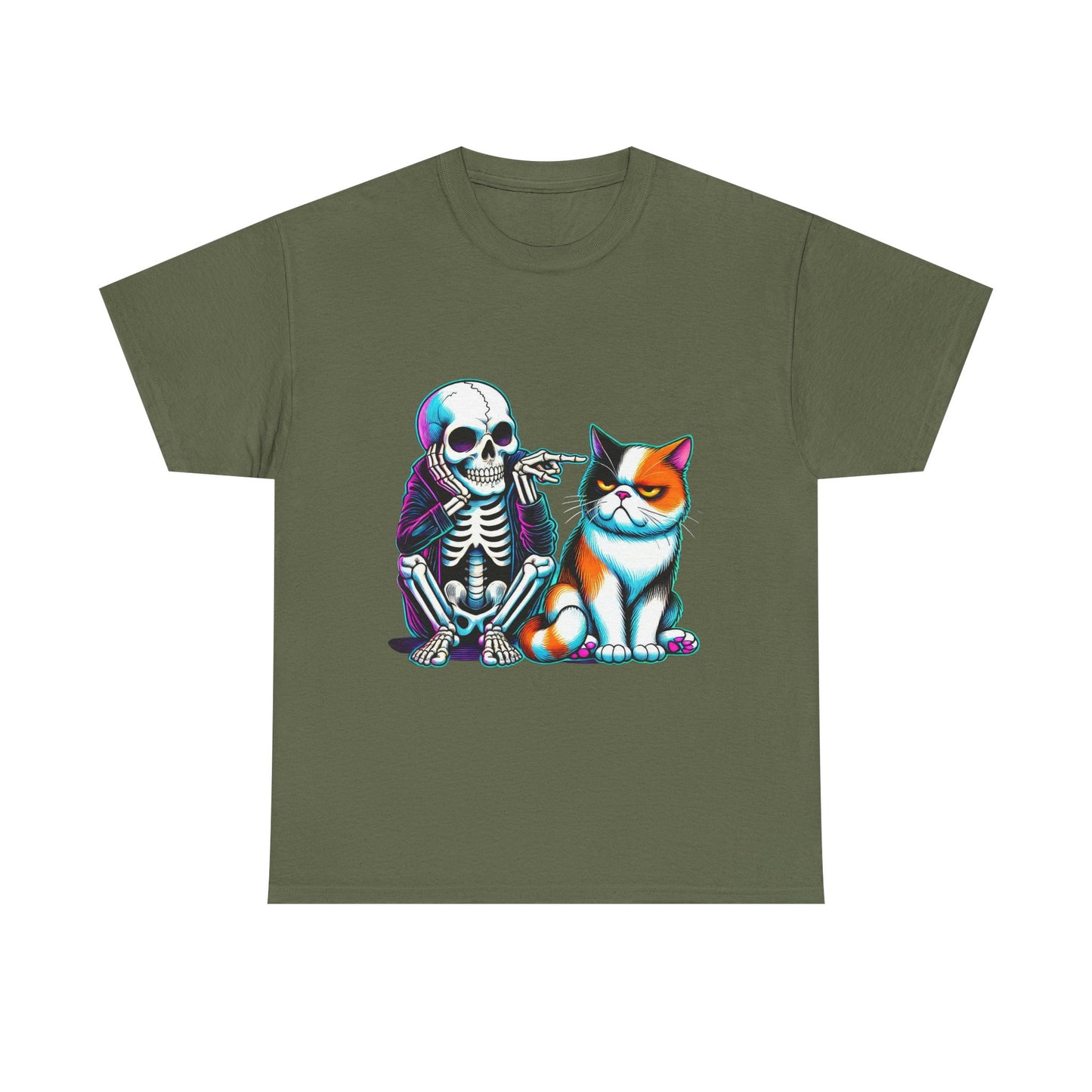 Skeleton & Cat Graphic Tee — Retro Neon Spooky Cat Shirt