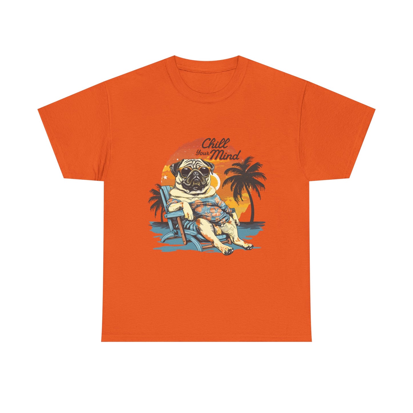 Chill Mind Pug Beach Tee — Retro Palm Sunset Vacation T‑Shirt
