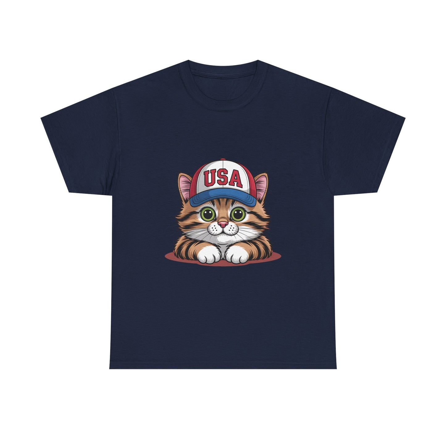 USA Kitten T-Shirt – Cute Cat Wearing USA Cap, Patriotic Fourth of July Tee
