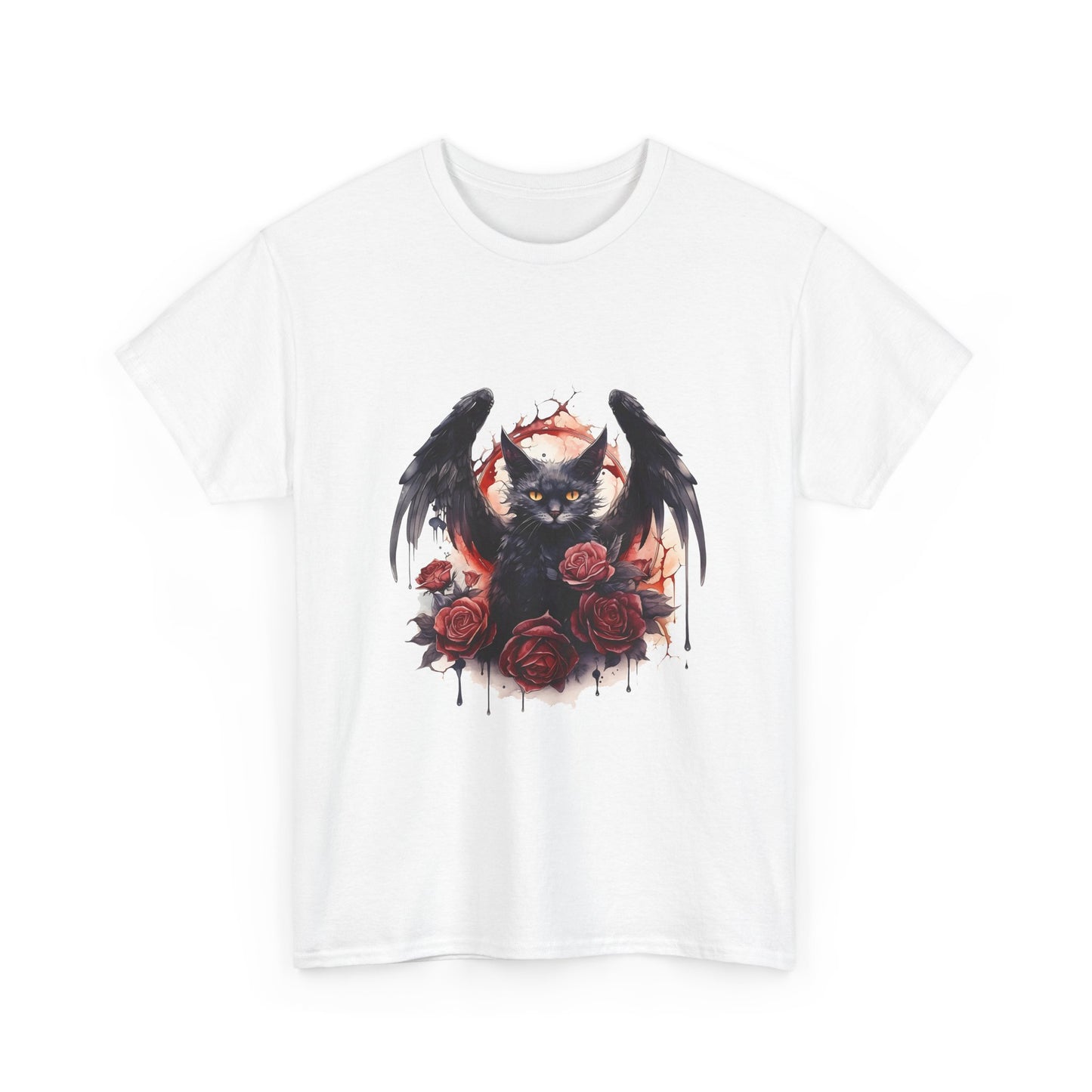 Cat Demon Tee — Gothic Bat-Wing Cat with Roses Graphic Shirt