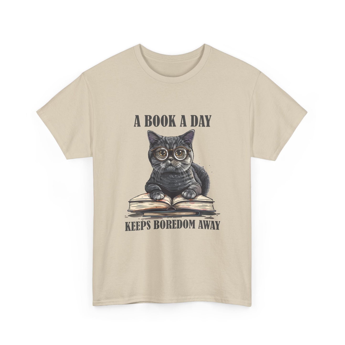 T-Shirt — "A Book a Day Keeps Boredom Away" Cat Reading Graphic Tee