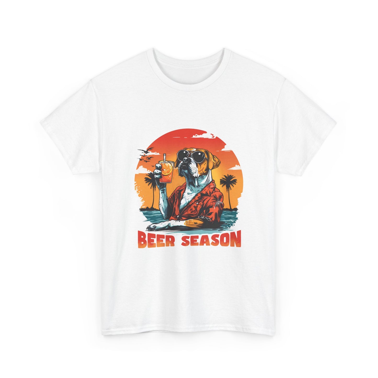 Beer Season T-Shirt — Vintage Sunset Dog Holding Beer