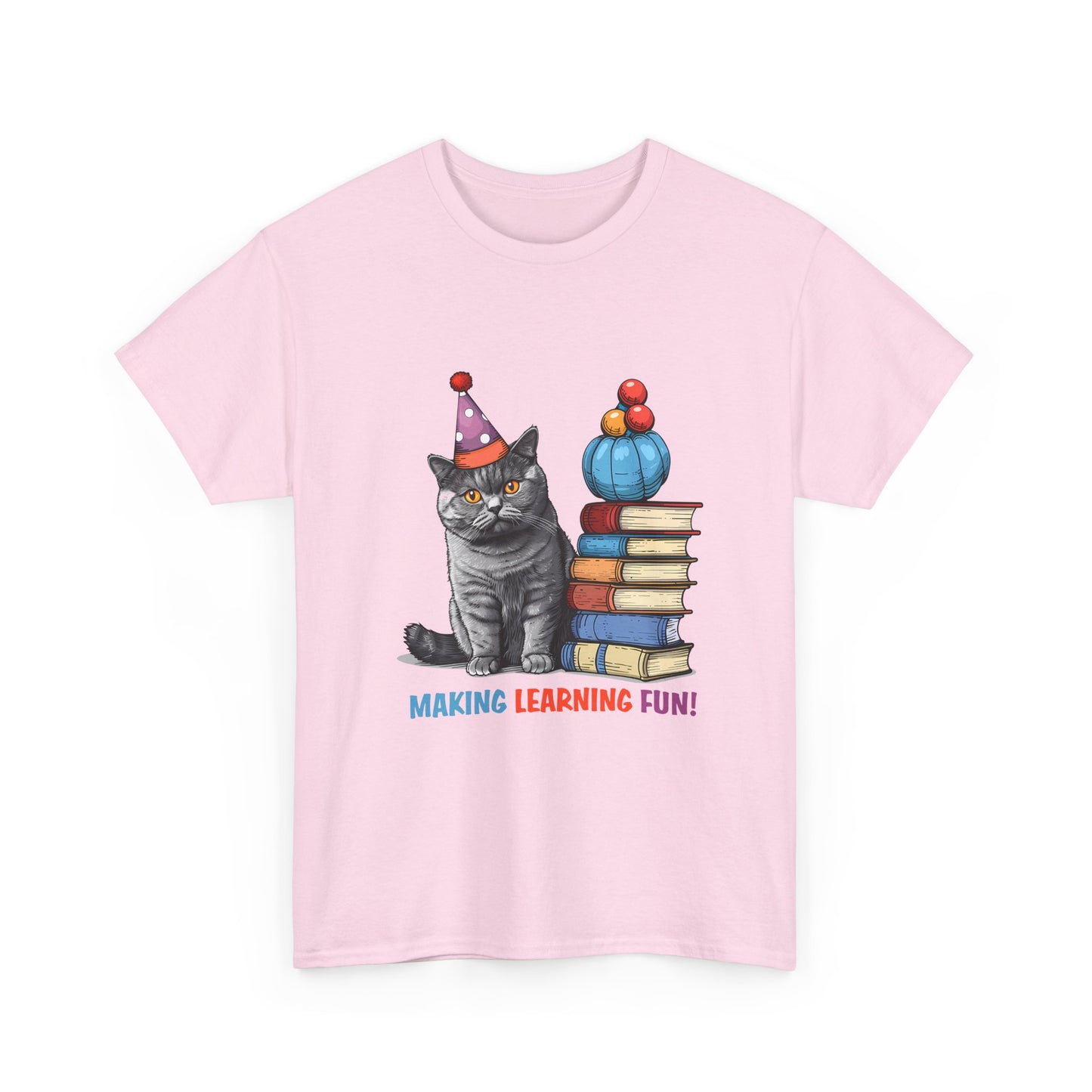 Cat Teacher T-Shirt — "Making Learning Fun!" Cute School Cat with Books Tee