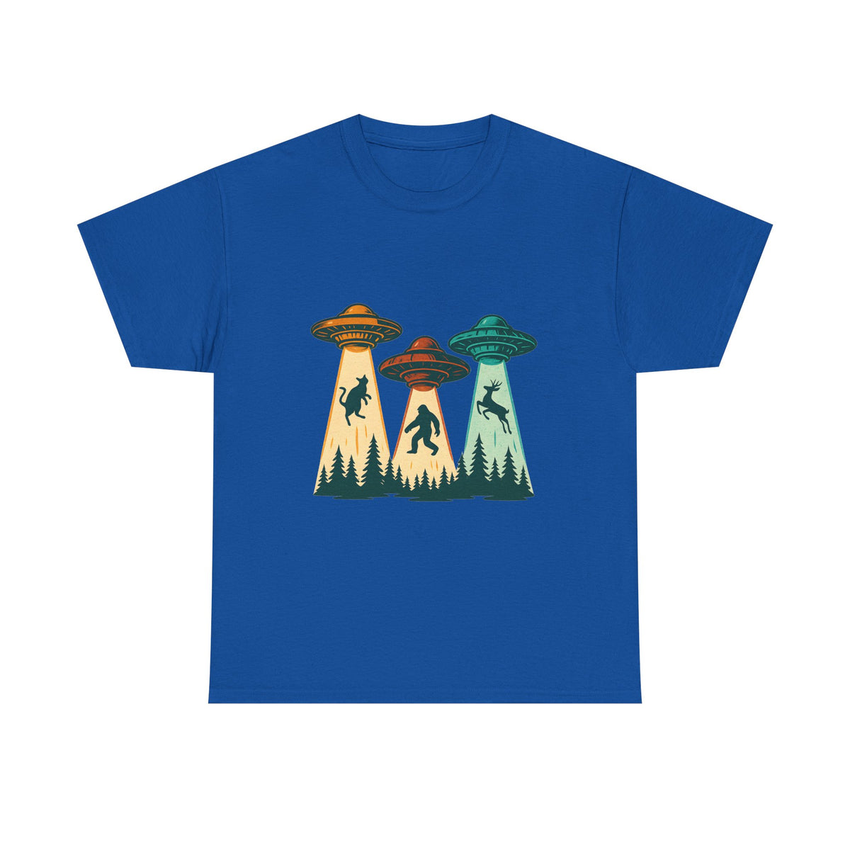 Alien Abduction UFO Tee — Retro Forest Beams T‑Shirt