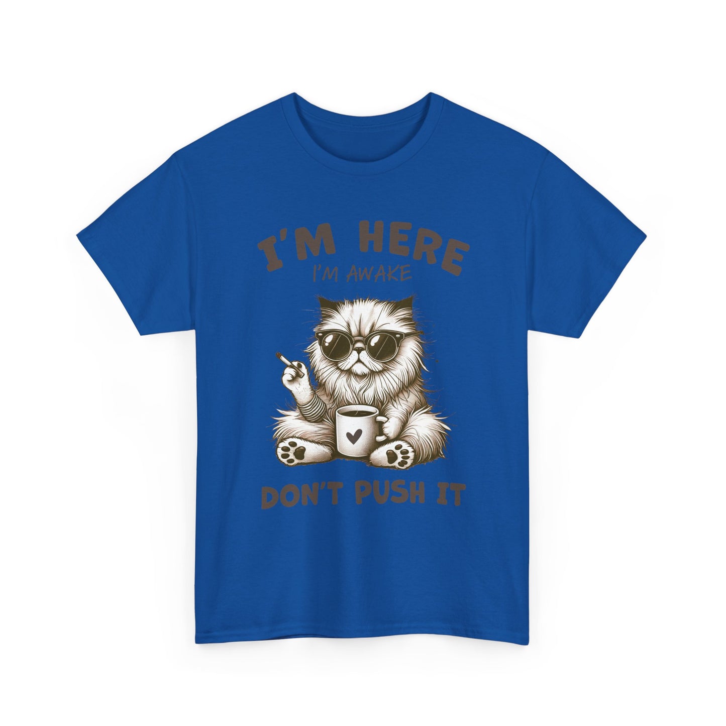 I'm Here I'm Awake Don’t Push It Cat T-Shirt — Funny Coffee Cat Tee for Cat Lovers