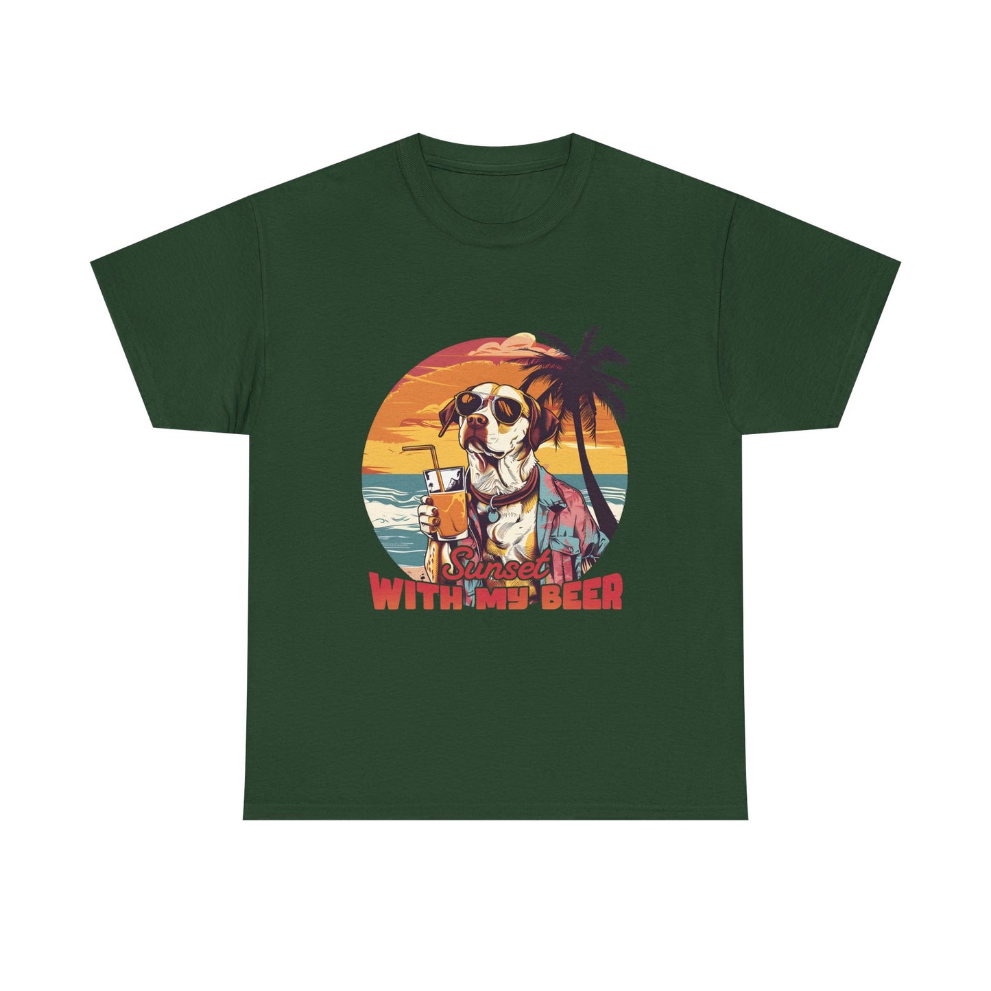 T-Shirt — Sunset With My Beer Dog Graphic Tee — Retro Tropical Beach Vibes