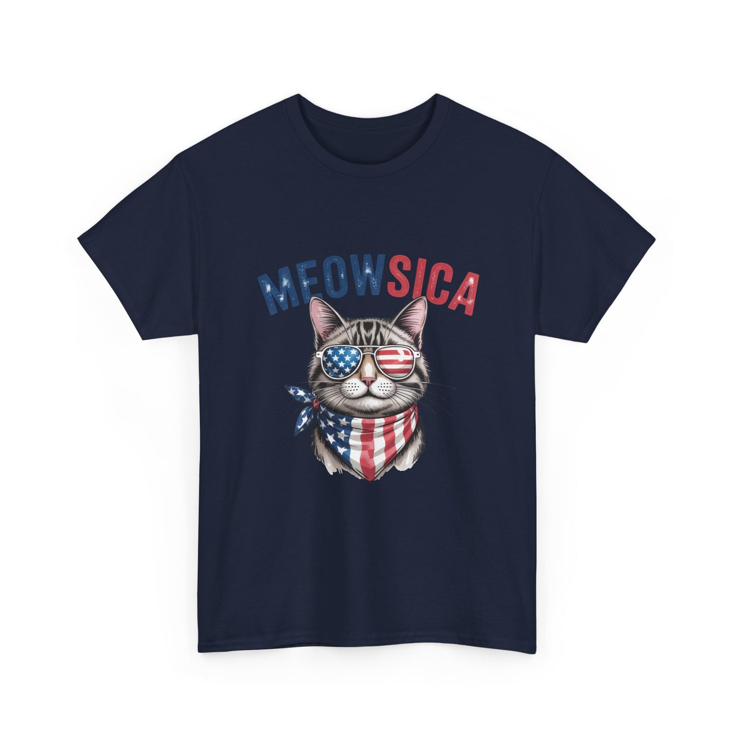 Meowsica Cat T‑Shirt — Patriotic American Flag Kitty Tee
