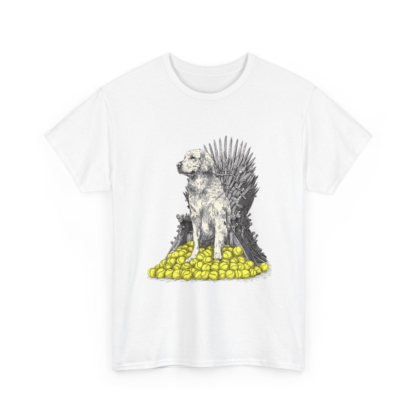 Dog Throne T‑Shirt — Dog on Iron Throne of Tennis Balls Graphic Tee