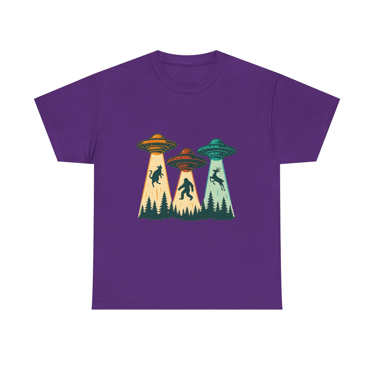 Alien Abduction UFO Tee — Retro Forest Beams T‑Shirt