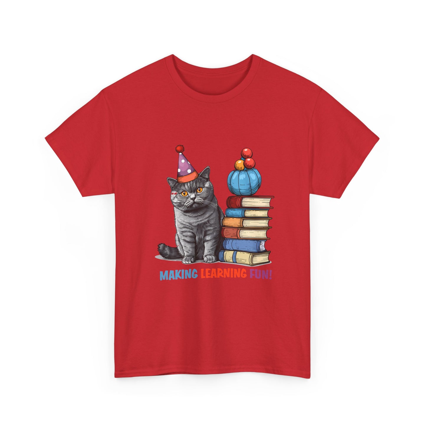 Cat Teacher T-Shirt — "Making Learning Fun!" Cute School Cat with Books Tee