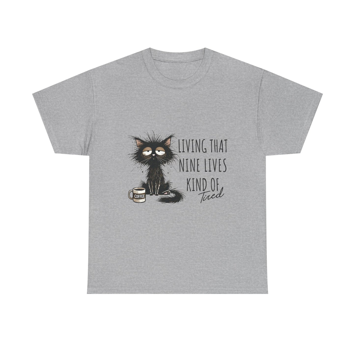 Cat T-Shirt - "Living That Nine Lives Kind of Tired" Graphic Tee, Funny Coffee Cat Shirt for Cat Lovers