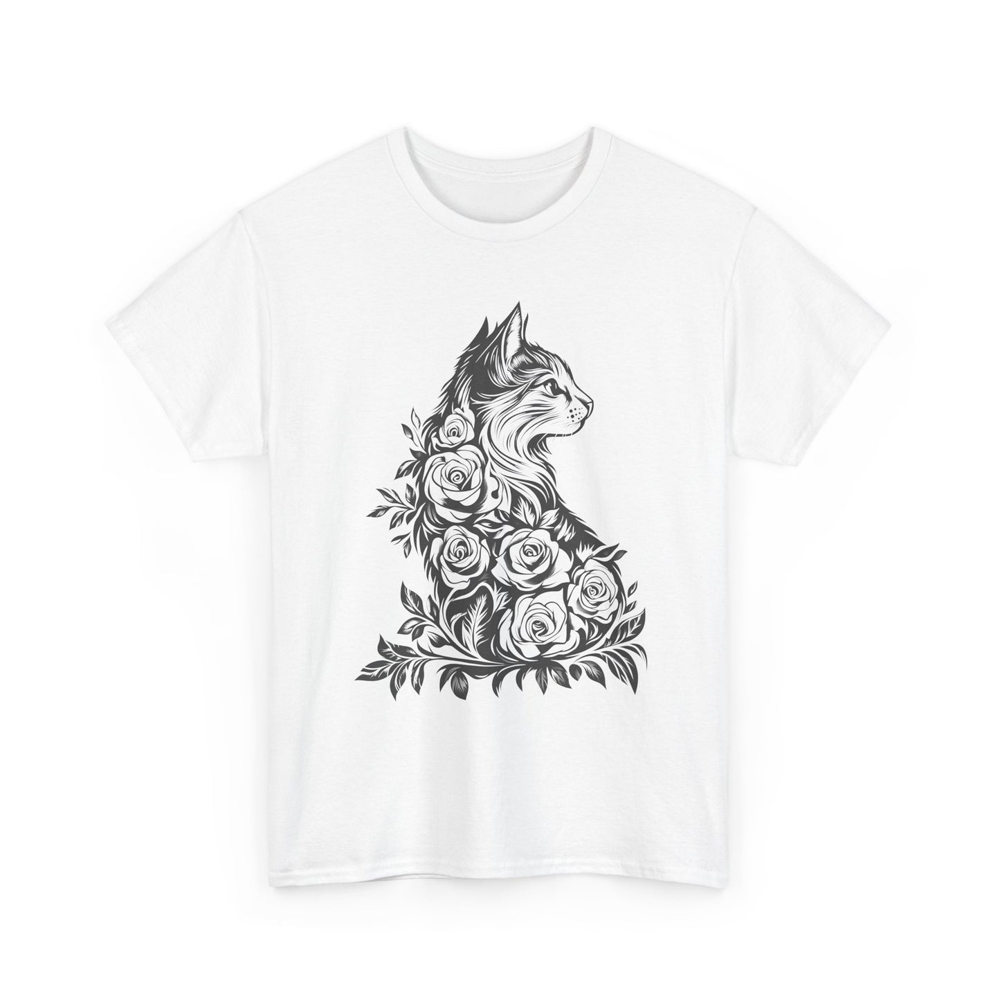 Floral Cat Tee — Vintage Black & White Cat with Roses T-Shirt