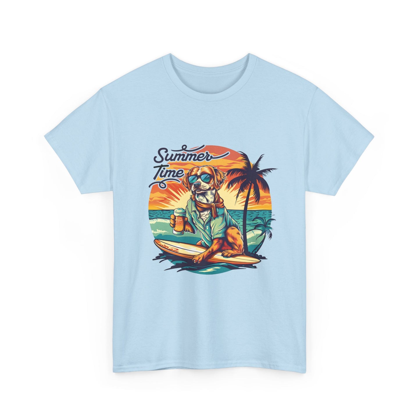 Summer Time Surfer Dog T‑Shirt — Vintage Beach Palm Surfing Dog Tee