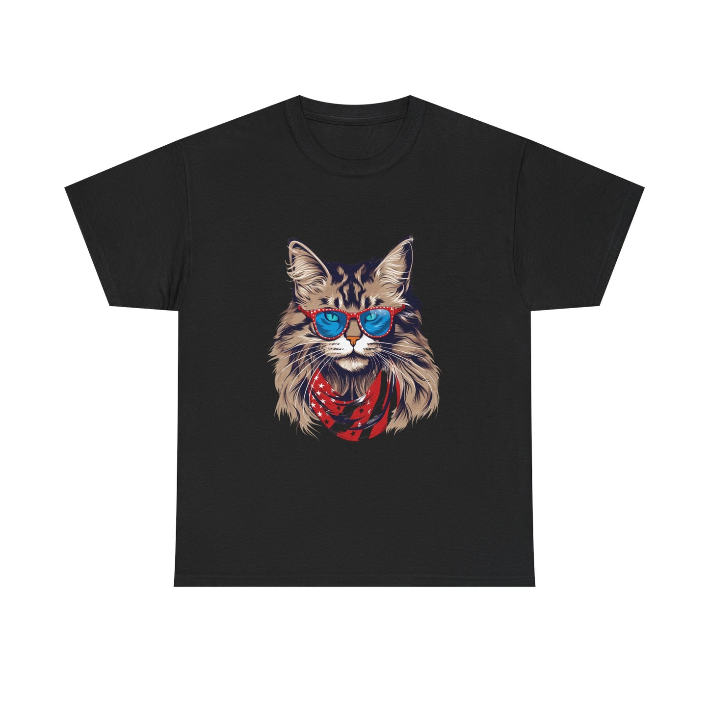 Patriotic Cat Tee — Cat with American Flag Bandana & Sunglasses T-Shirt