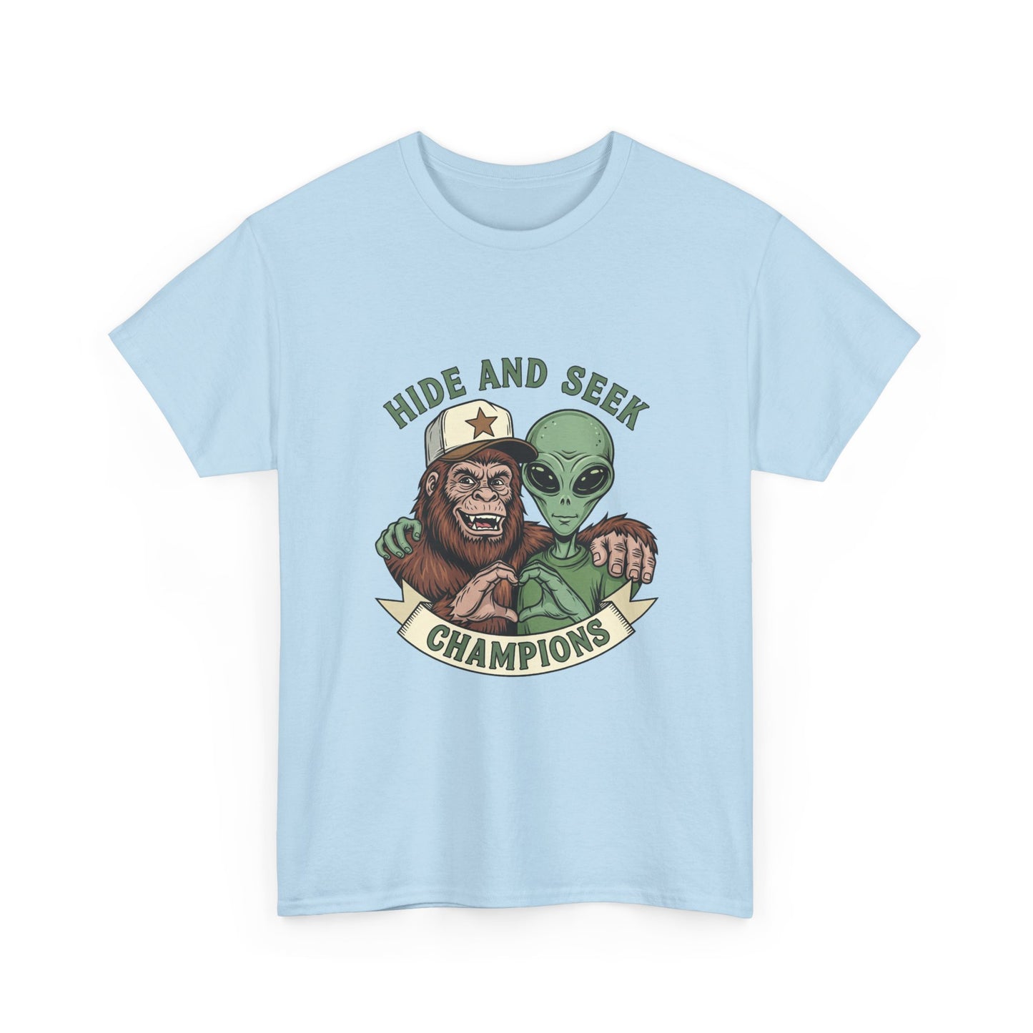 Hide and Seek Champions T-Shirt — Bigfoot & Alien Graphic Tee