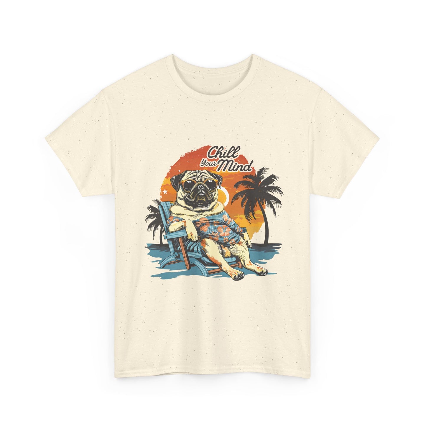 Chill Mind Pug Beach Tee — Retro Palm Sunset Vacation T‑Shirt