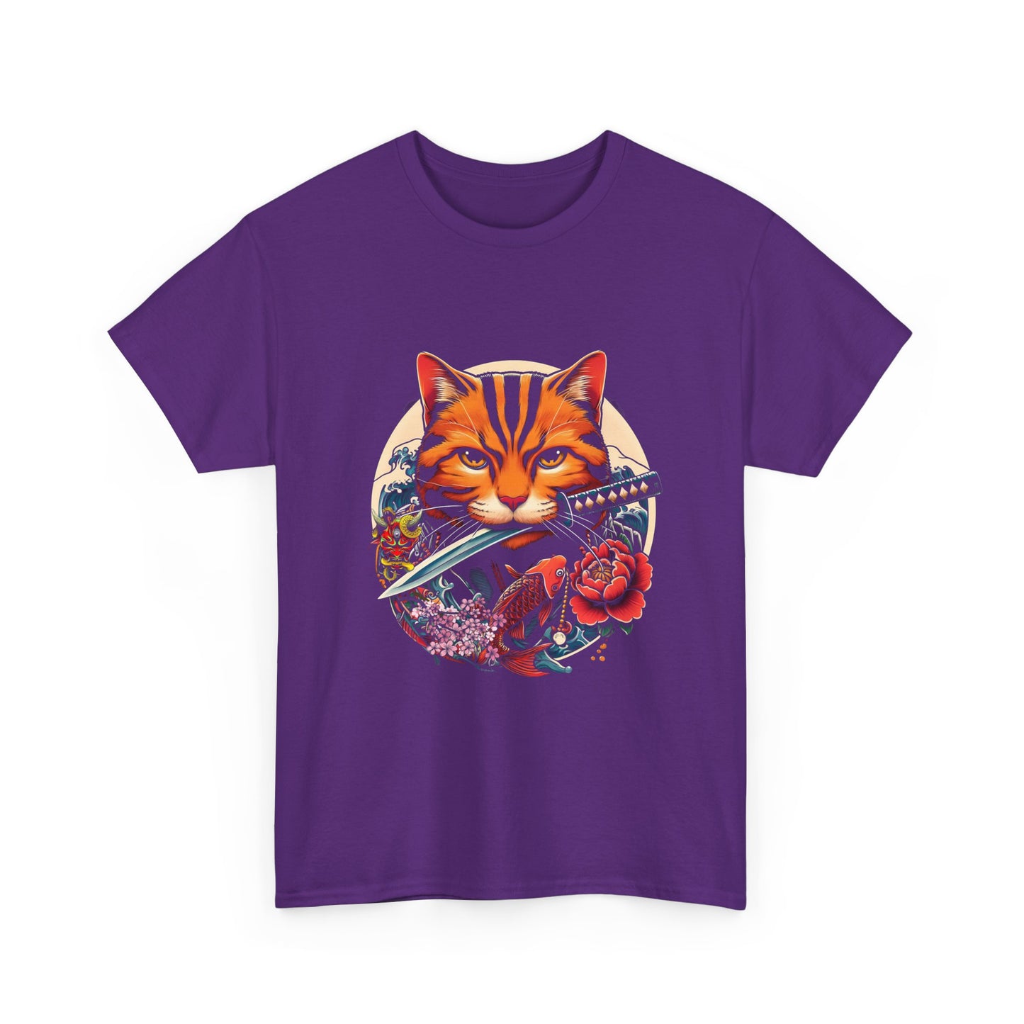 Cat Samurai T‑Shirt — Orange Tabby with Sword & Floral Crest