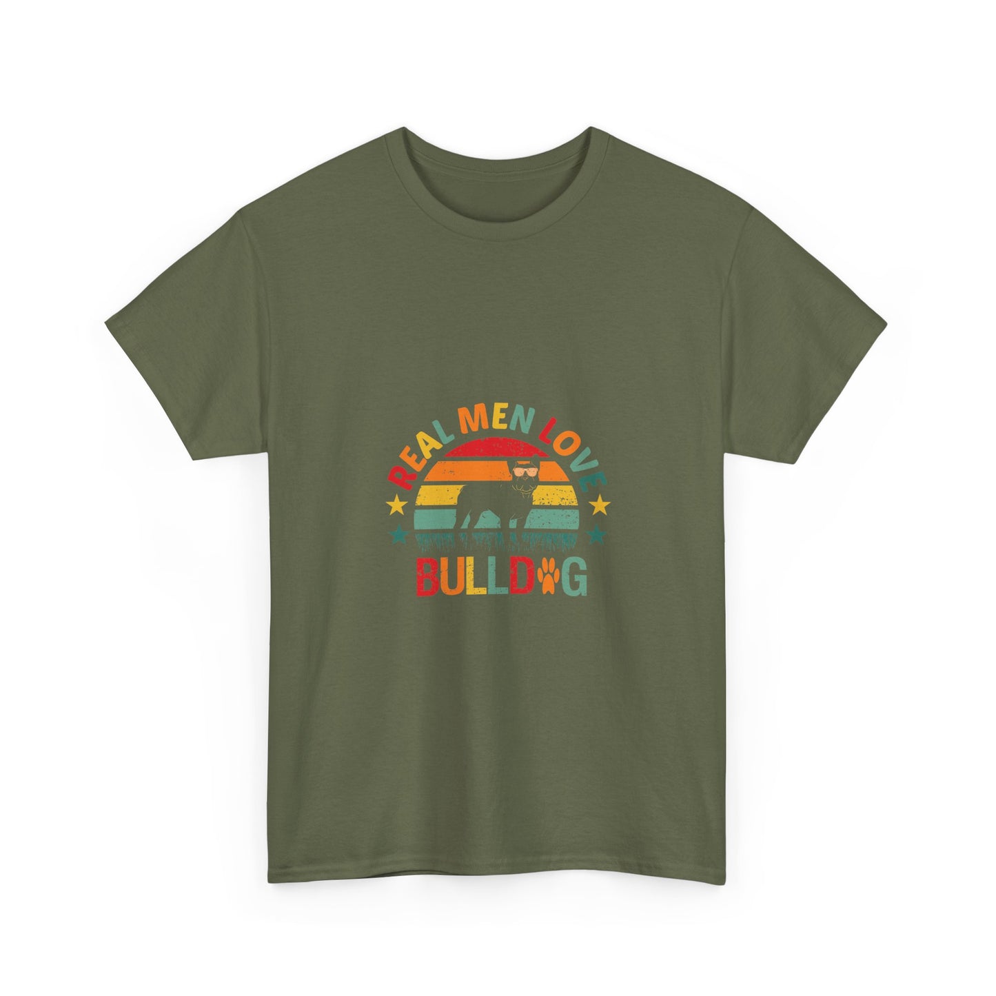 Bulldog T-Shirt — "Real Men Love Bulldog" Retro Rainbow Graphic Tee