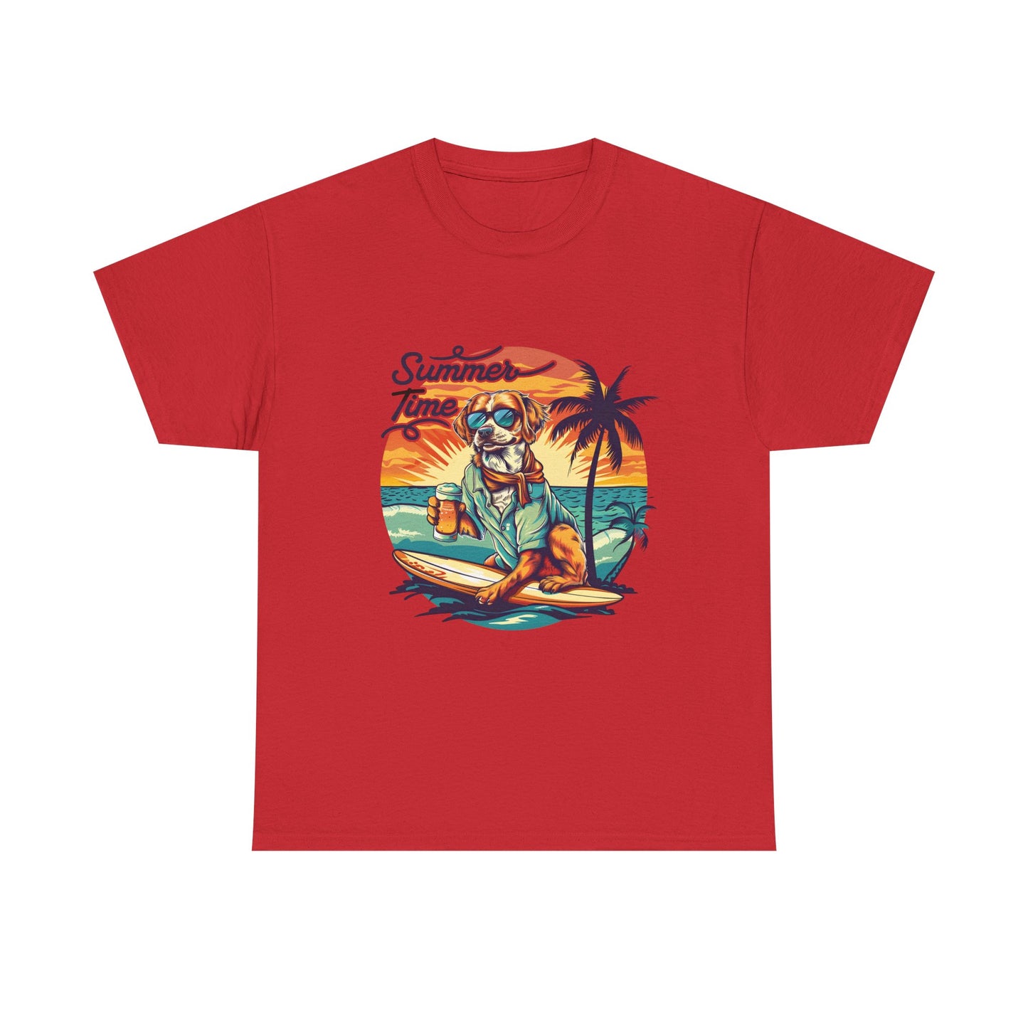 Summer Time Surfer Dog T‑Shirt — Vintage Beach Palm Surfing Dog Tee