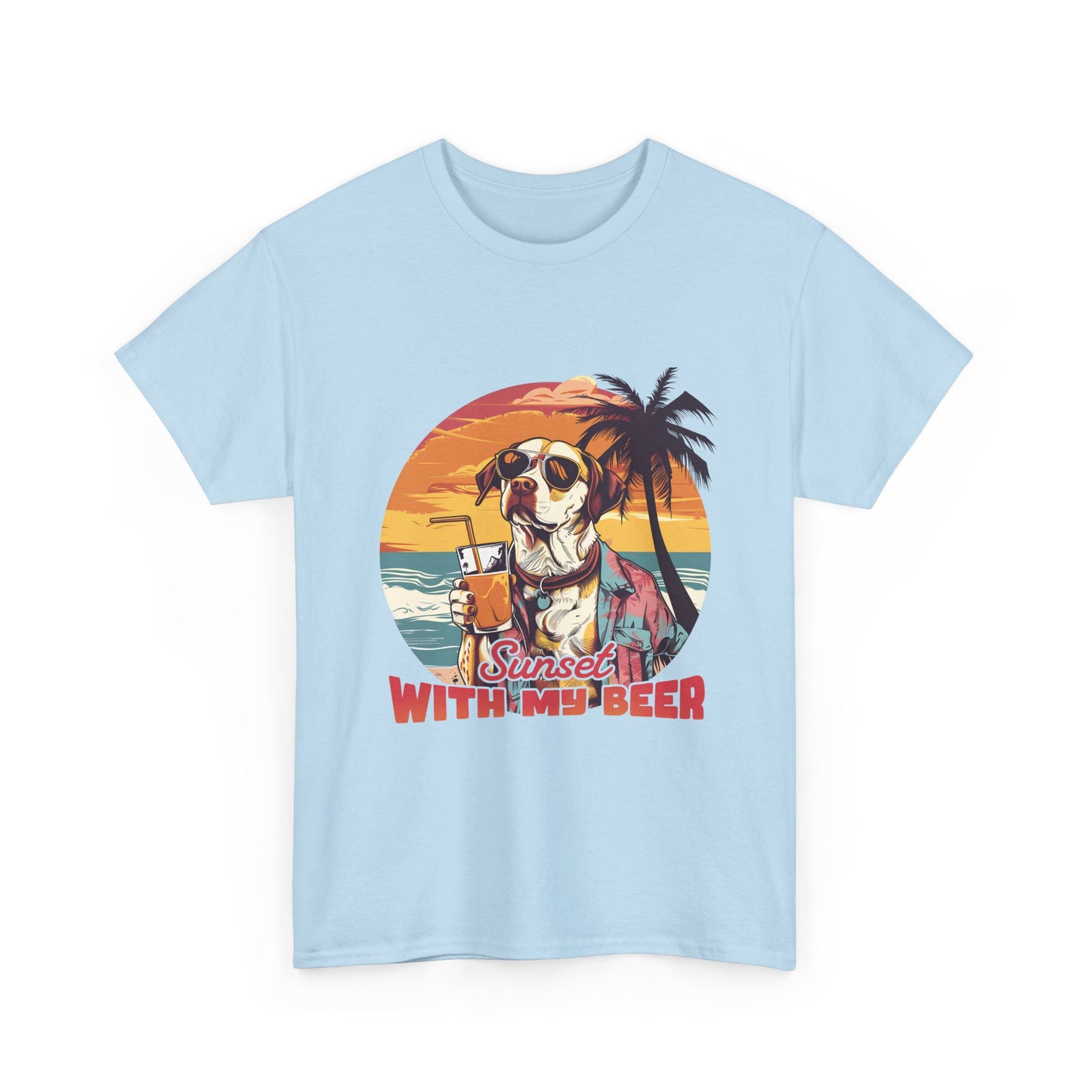 T-Shirt — Sunset With My Beer Dog Graphic Tee — Retro Tropical Beach Vibes