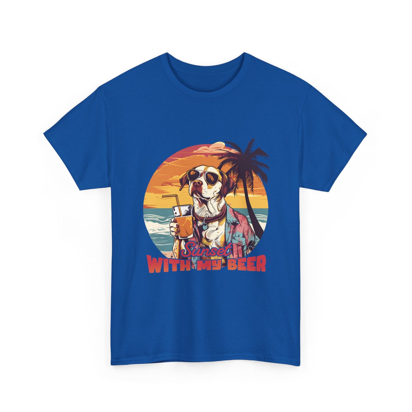 T-Shirt — Sunset With My Beer Dog Graphic Tee — Retro Tropical Beach Vibes