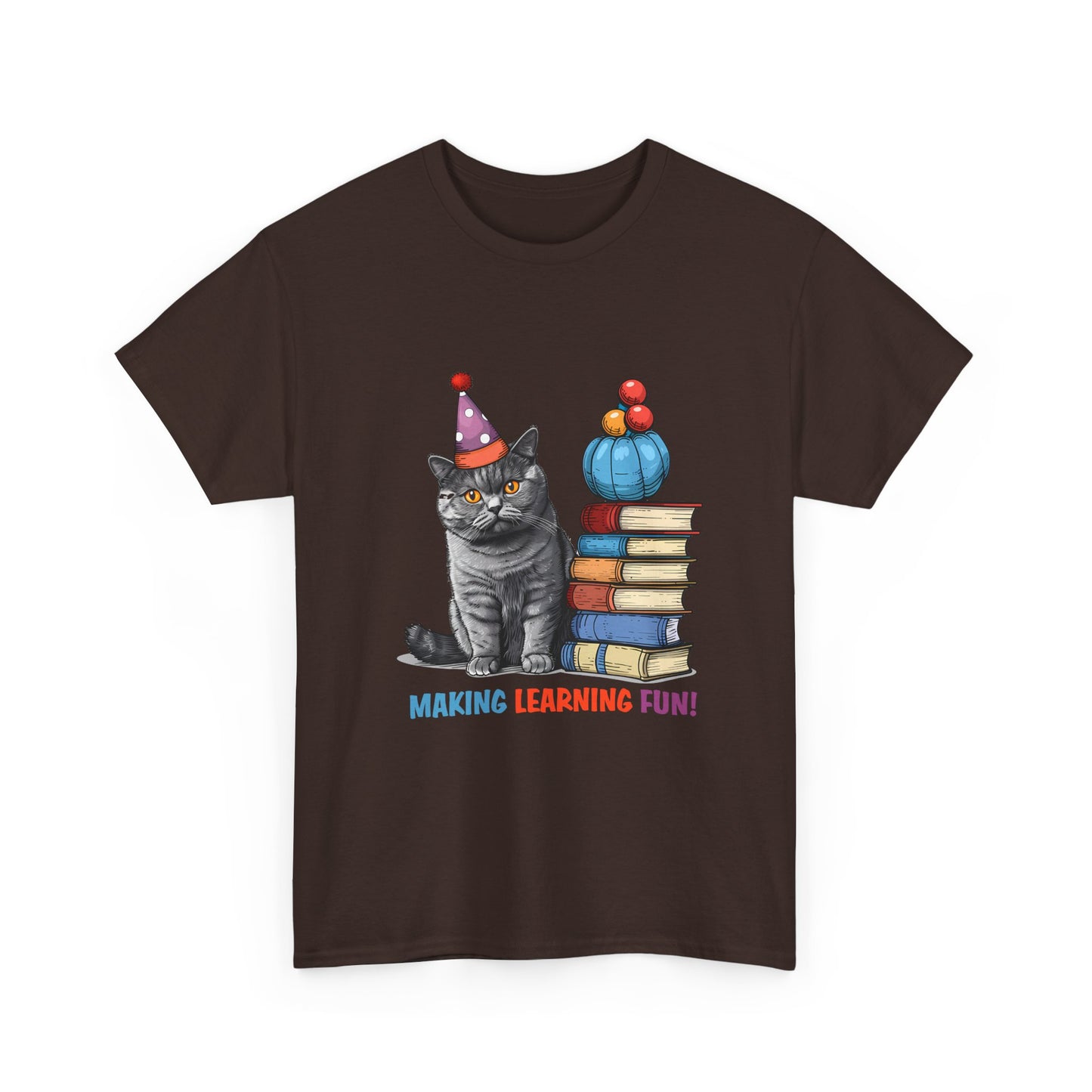 Cat Teacher T-Shirt — "Making Learning Fun!" Cute School Cat with Books Tee