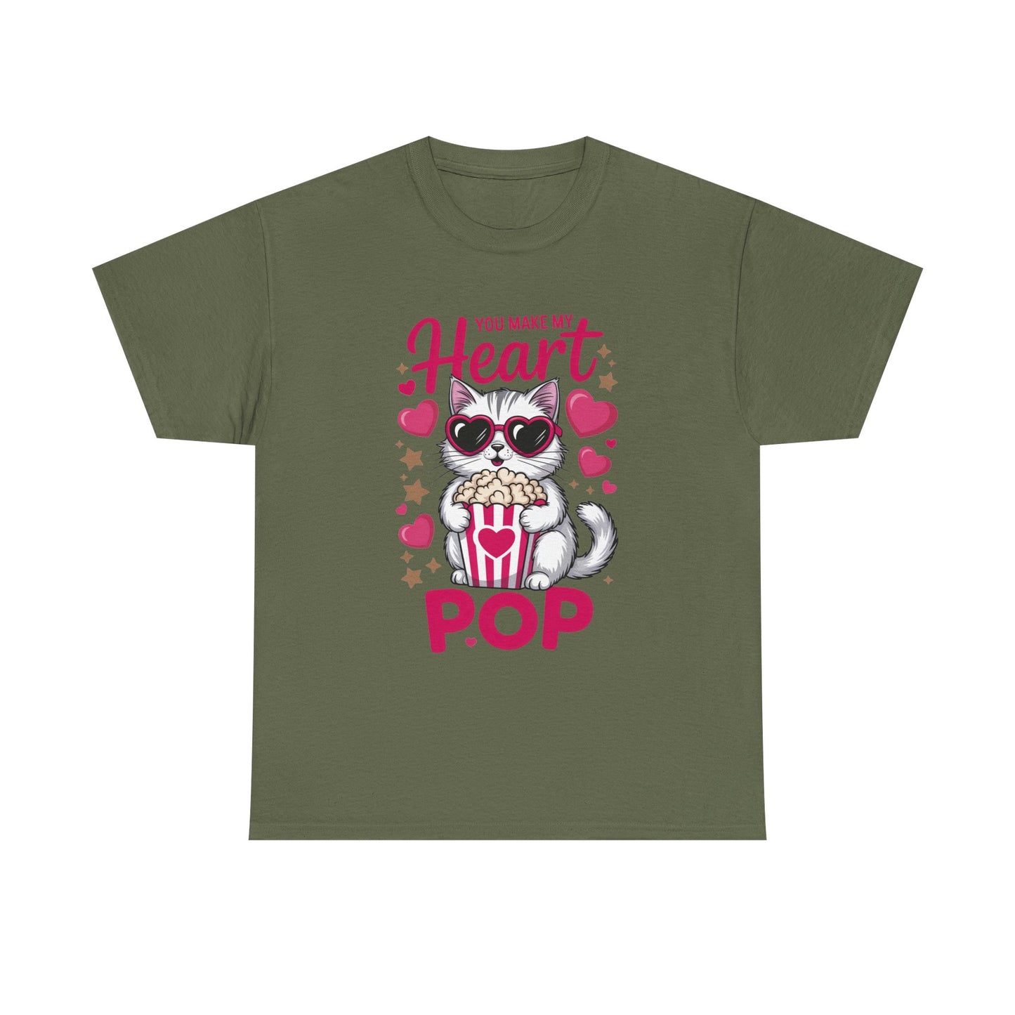 T-Shirt — "You Make My Heart Pop" Cute Cat Popcorn