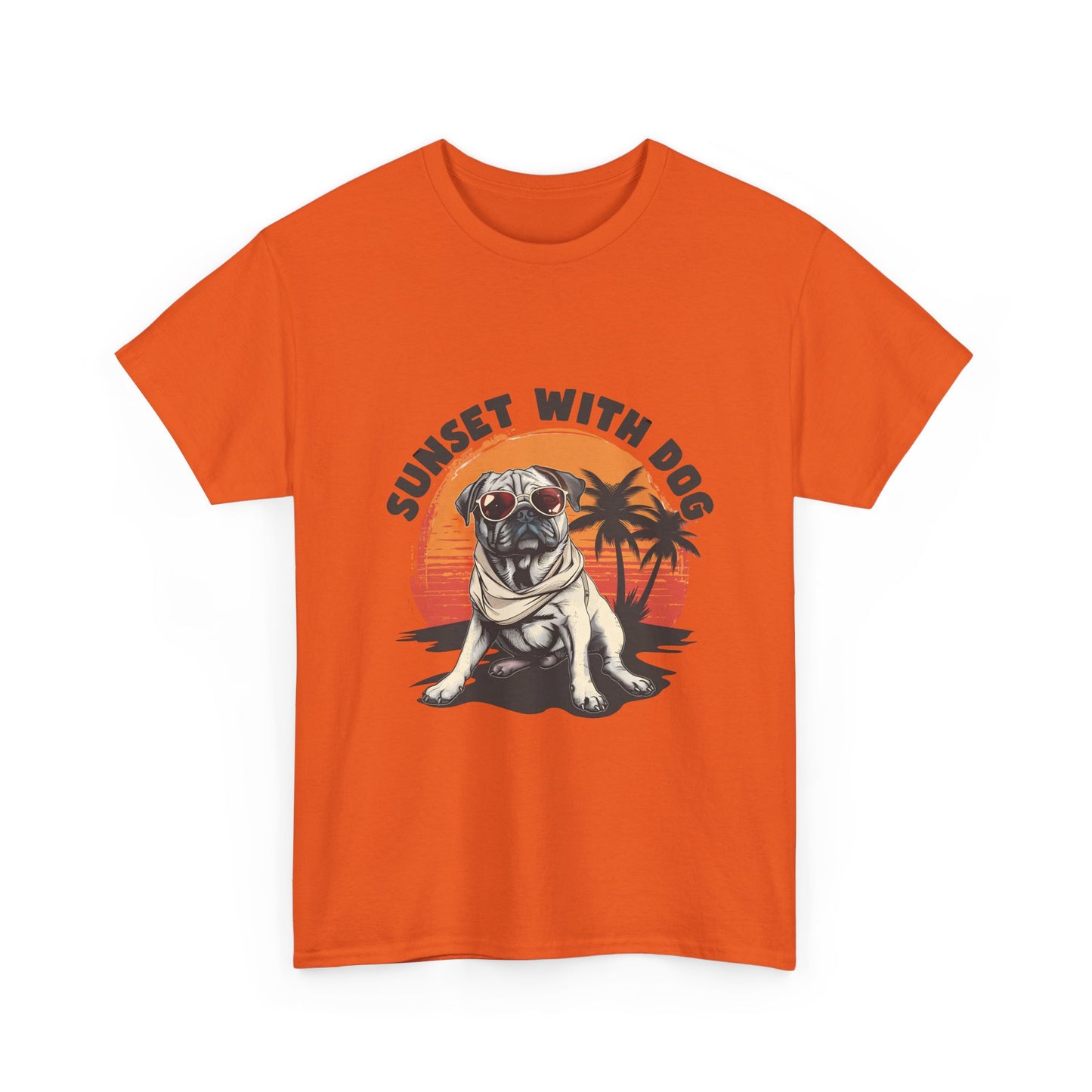 Sunset With Dog T-Shirt – Retro Beach Pug Tee