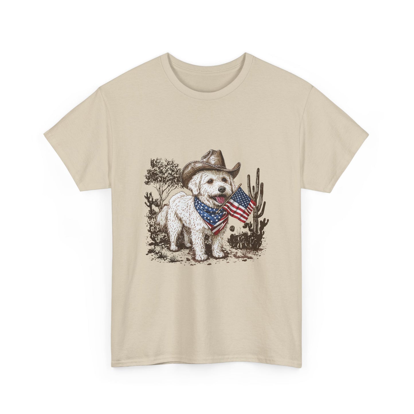 Patriotic Puppy Tee — Cowboy Dog with American Flag